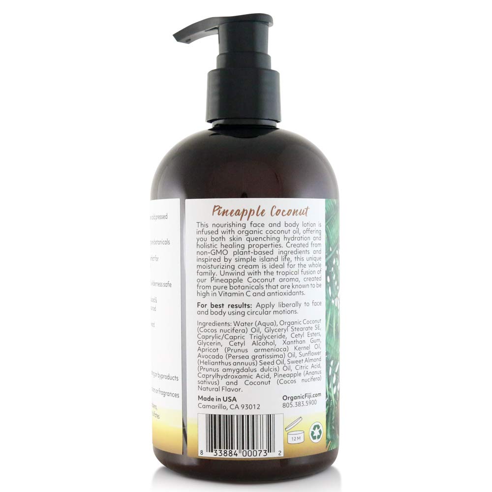 Organic Fiji Nourishing Face & Body Lotion - Pineapple Coconut Scent, 12 oz | Hydrating Moisturizer for Dry Skin | Vegan & Cruelty-Free Skincare | Perfect for Daily Use & Travel