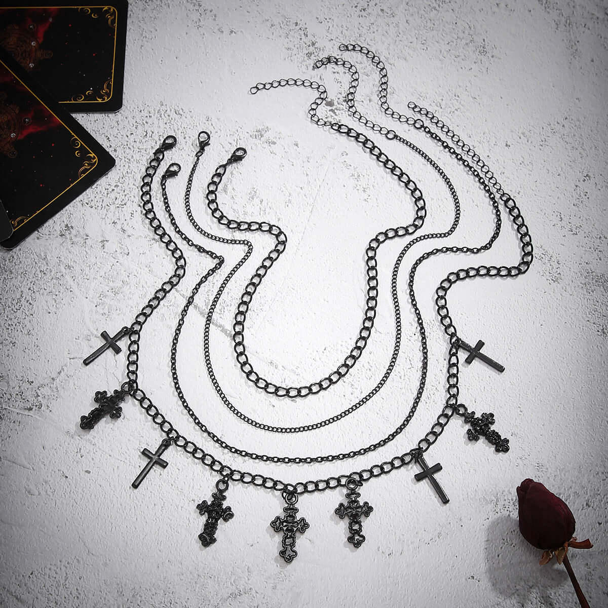 Cool Dark Cross Layering Grunge Necklace Statement | NZ4303 - Gothic Punk Jewelry for Women, Layered Necklace Set for Alternative Fashion, Perfect for Concerts, Parties and Edgy Outfits