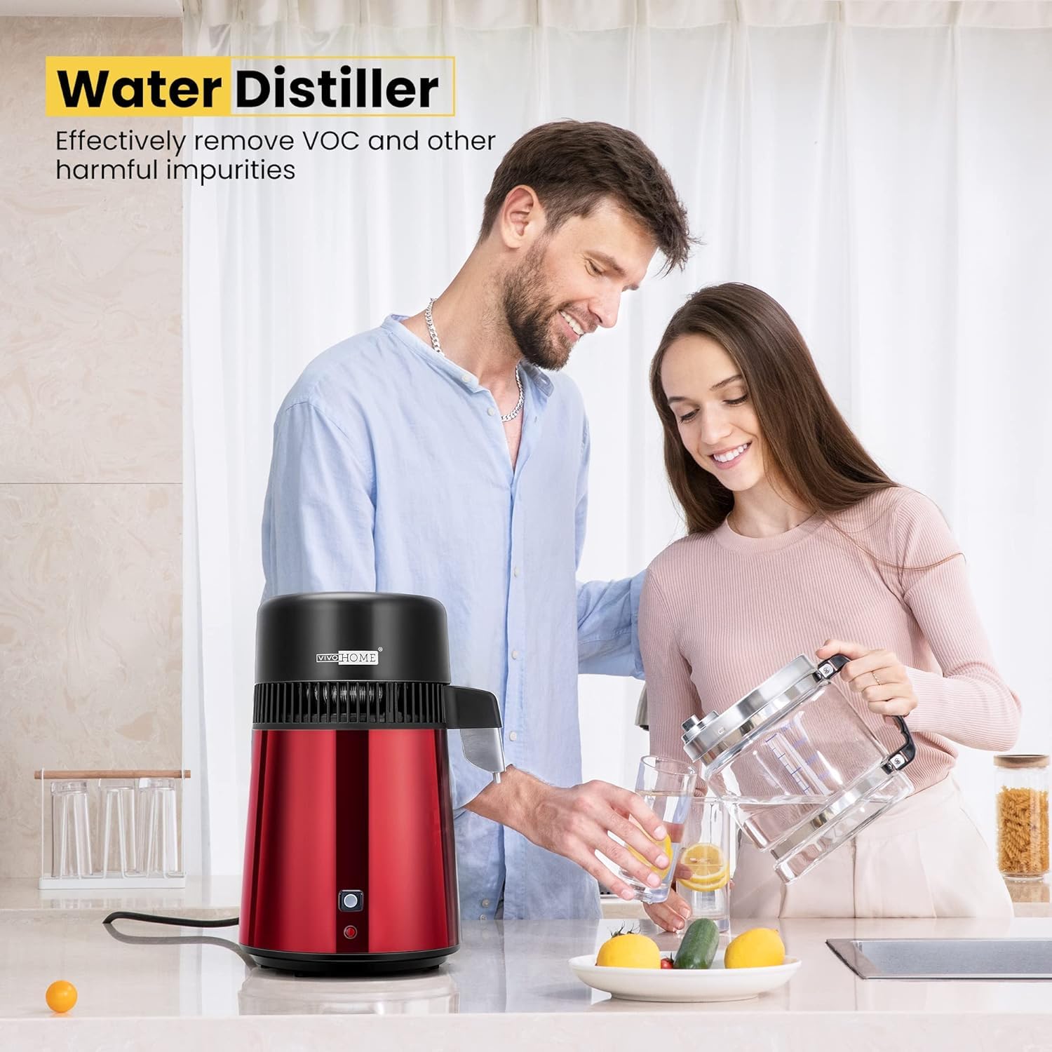 VIVOHOME 1.1 Gallon/4L Countertop Water Distiller - 304 Stainless Steel Home Distilled Water Machine with Smart Switch & Purifier Filter - Perfect for Home, Office, Baby Formula, Humidifiers & Coffee Makers (Red)