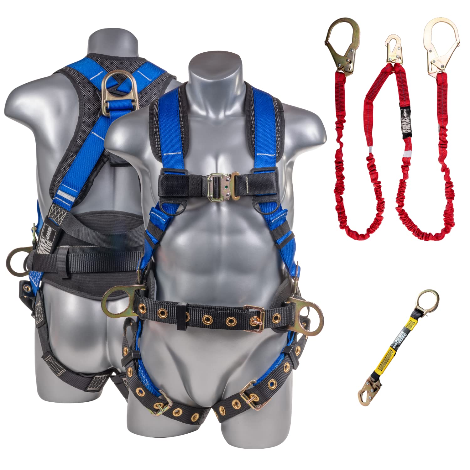 Palmer Safety Fall Protection Hammerhead Kit - 5 Point Safety Harness, 6ft Double Leg Lanyard, 18in D-Ring Extender (Blue, Medium) | OSHA Compliant Construction & Roofing Safety Gear for Workers