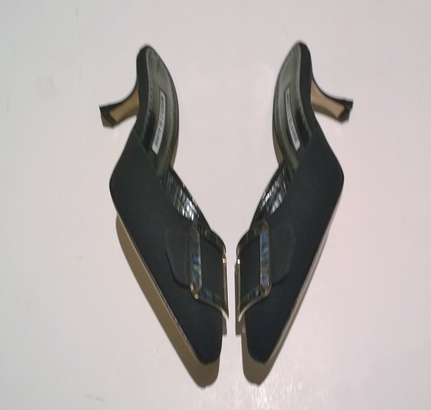 Manolo Blahnik Maysale Black Crepe de Chine Mules with Mother of Pearl Buckle - Elegant Heels for Women, Perfect for Evening Parties & Special Occasions