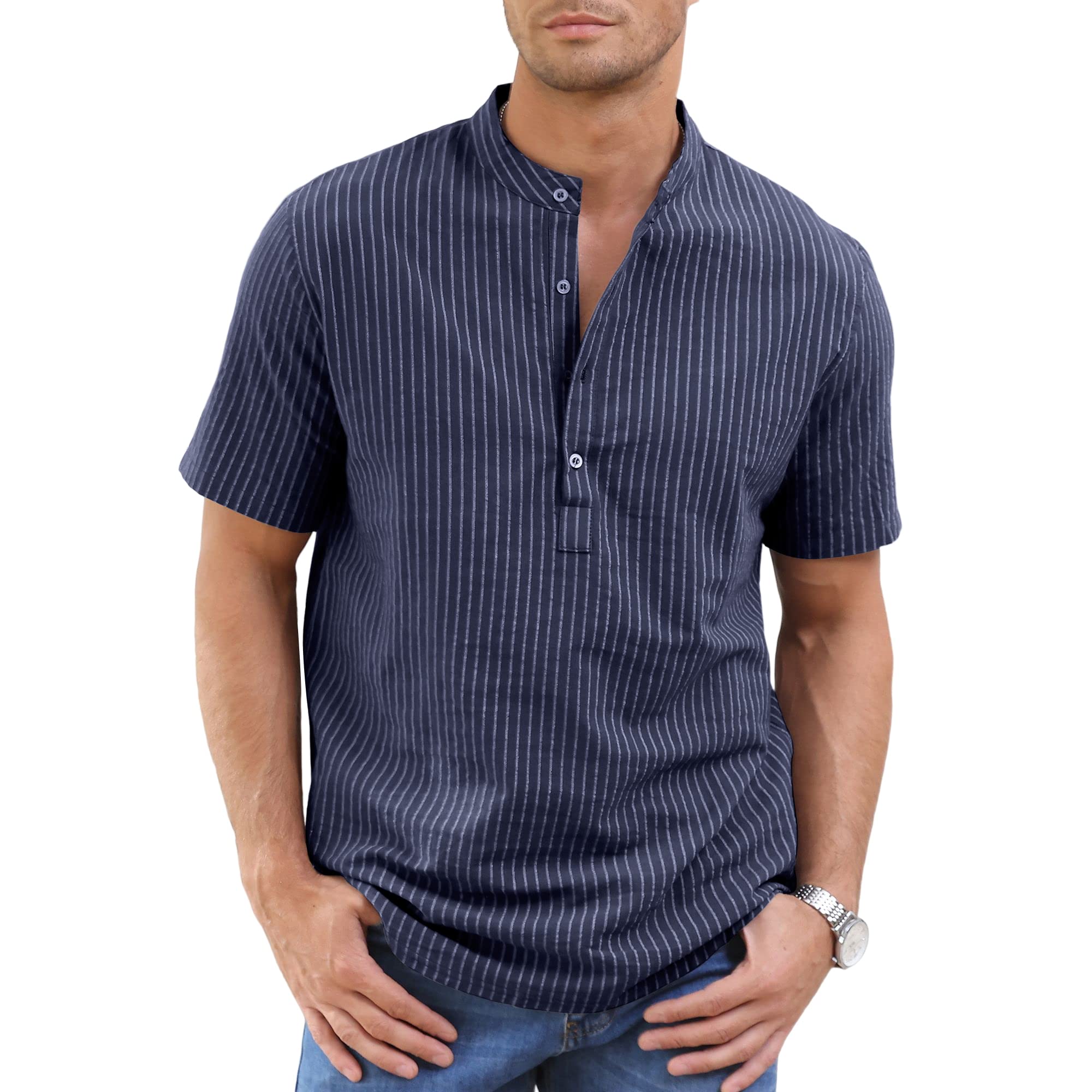 Men's Linen Shirts - Breathable Cotton Henley Neck Striped Tops for Summer | Casual Short Sleeve Button Down Shirt for Beach, Vacation & Outdoor Activities