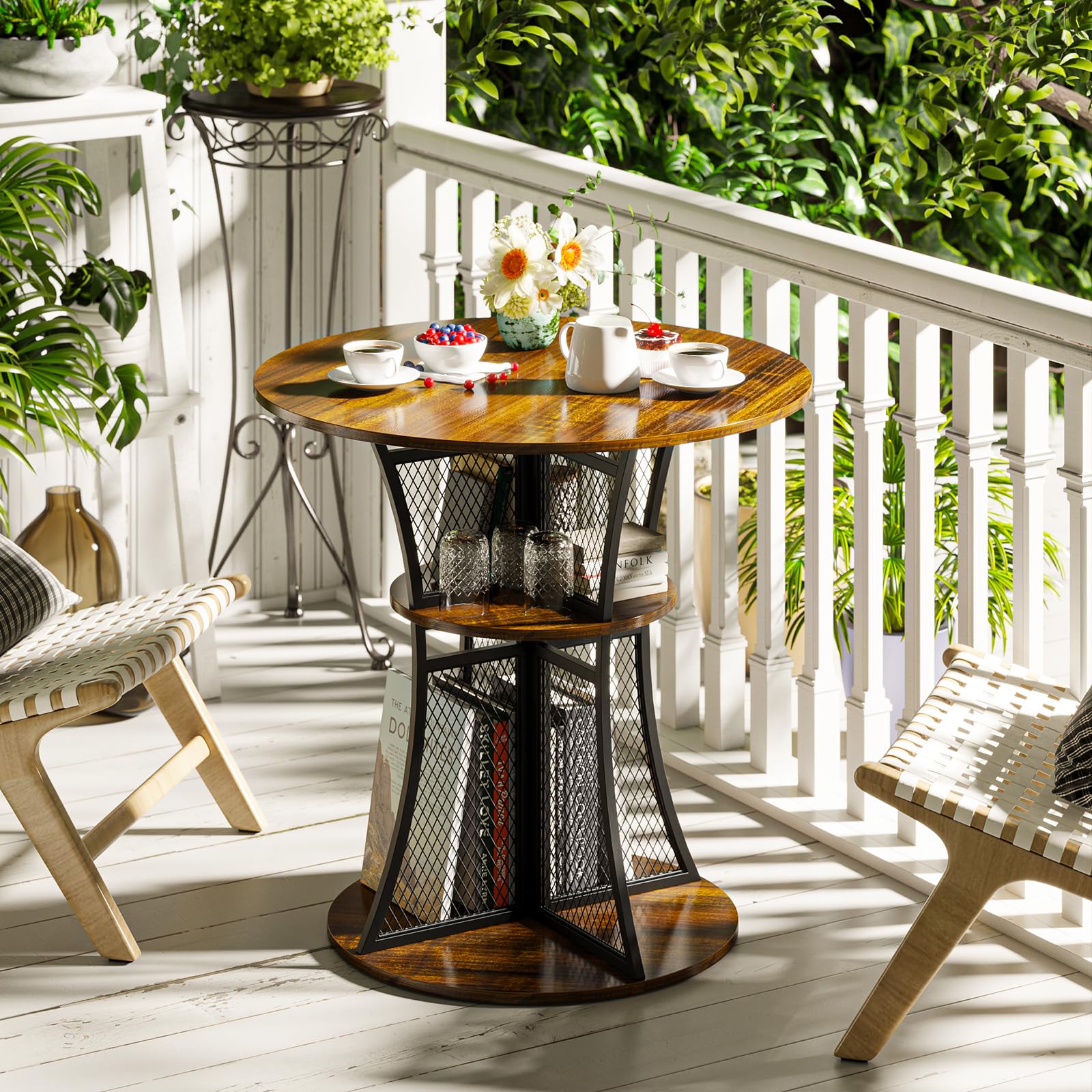 Elephance Round Dining Table with 2-Tier Metal Frame & Storage Shelves - Kitchen Bar Table, Coffee Table for Living Room & Dining Room - Perfect for Small Spaces, Breakfast Nooks & Modern Home Decor