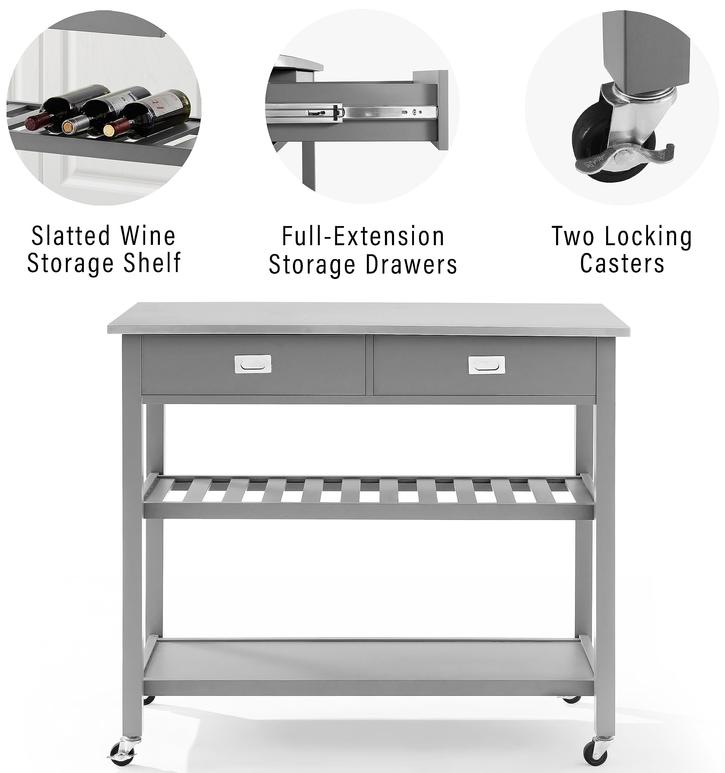 Crosley Chloe Stainless Steel Kitchen Island Cart with Wheels - Microwave Stand, Wine Rack & Storage Cabinet for Small Spaces - Perfect for Apartments, Dorms & Compact Kitchens (Gray)