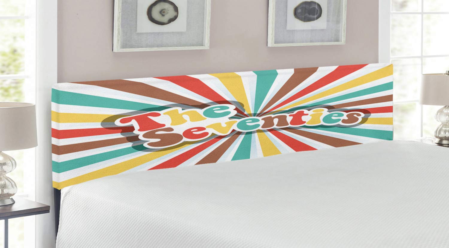 Ambesonne 70s Retro Headboard - King Size Upholstered Metal Bed Frame with Memory Foam & Pastel Typography Print | Vintage 70s Party Decor for Bedroom, Dorm, Studio Apartment | Perfect for Retro & Bohemian Interior Design