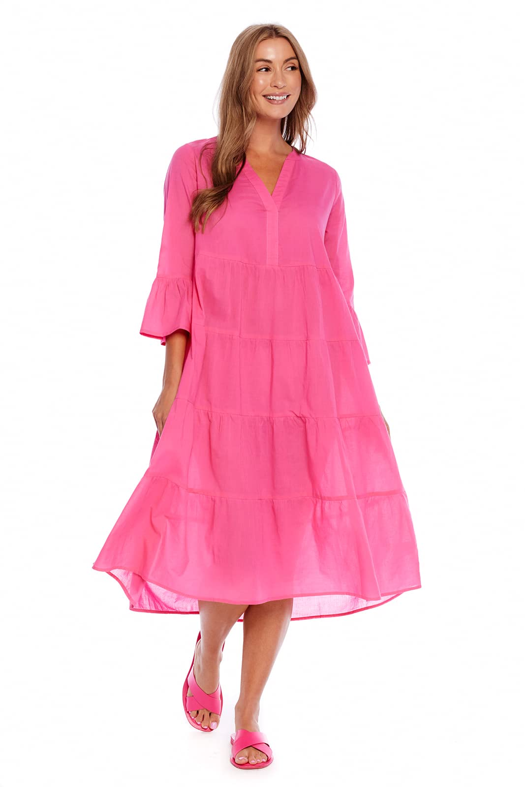 Mud Pie Women's Portland Midi Dress with 3/4 Sleeves - Floral Print Casual Summer Dress for Beach, Brunch & Outdoor Events