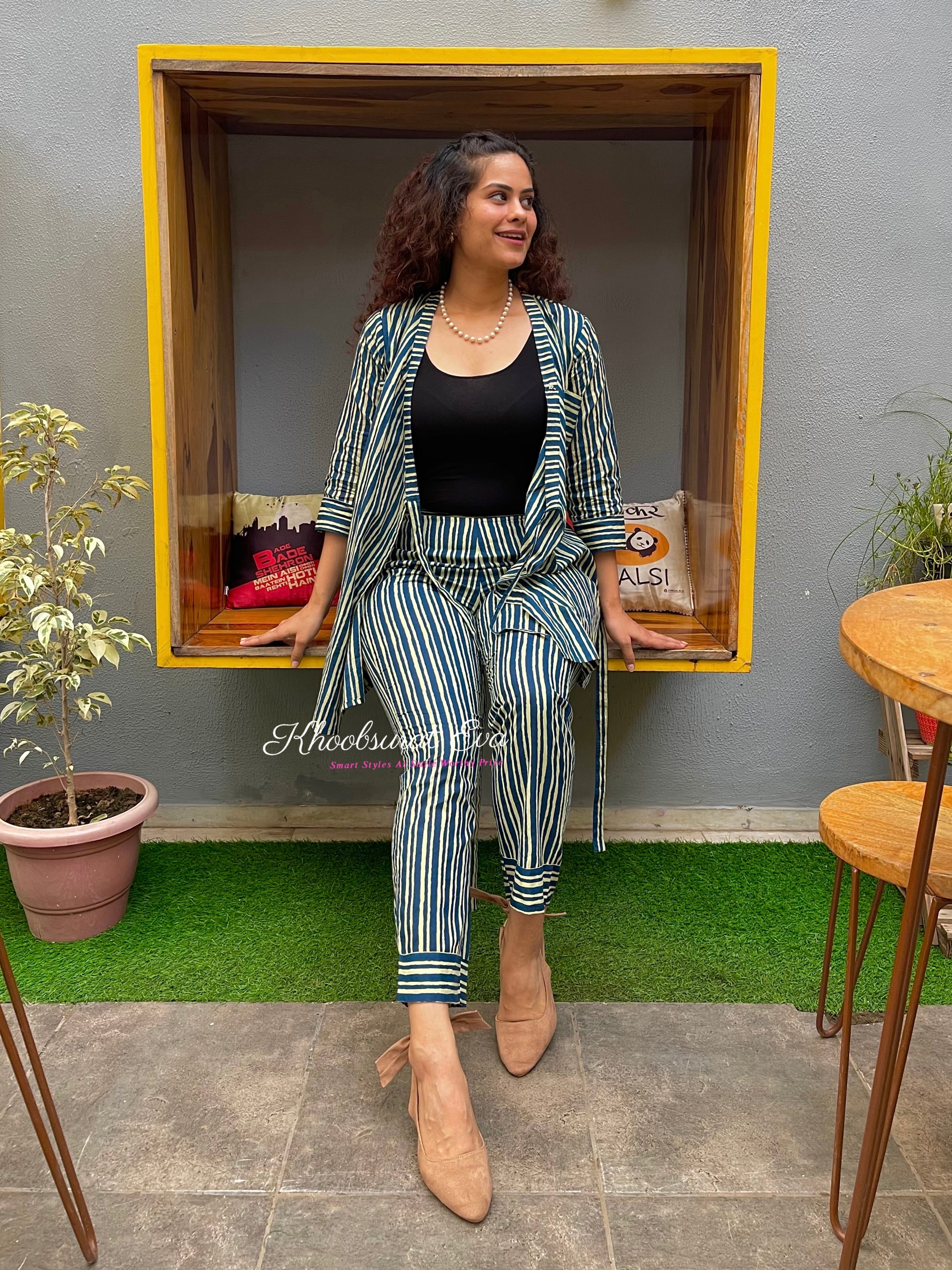 Stylish Blue Striped Co-Ord Set for Women | Trendy Matching Outfit | Perfect for Summer, Beach, and Casual Wear