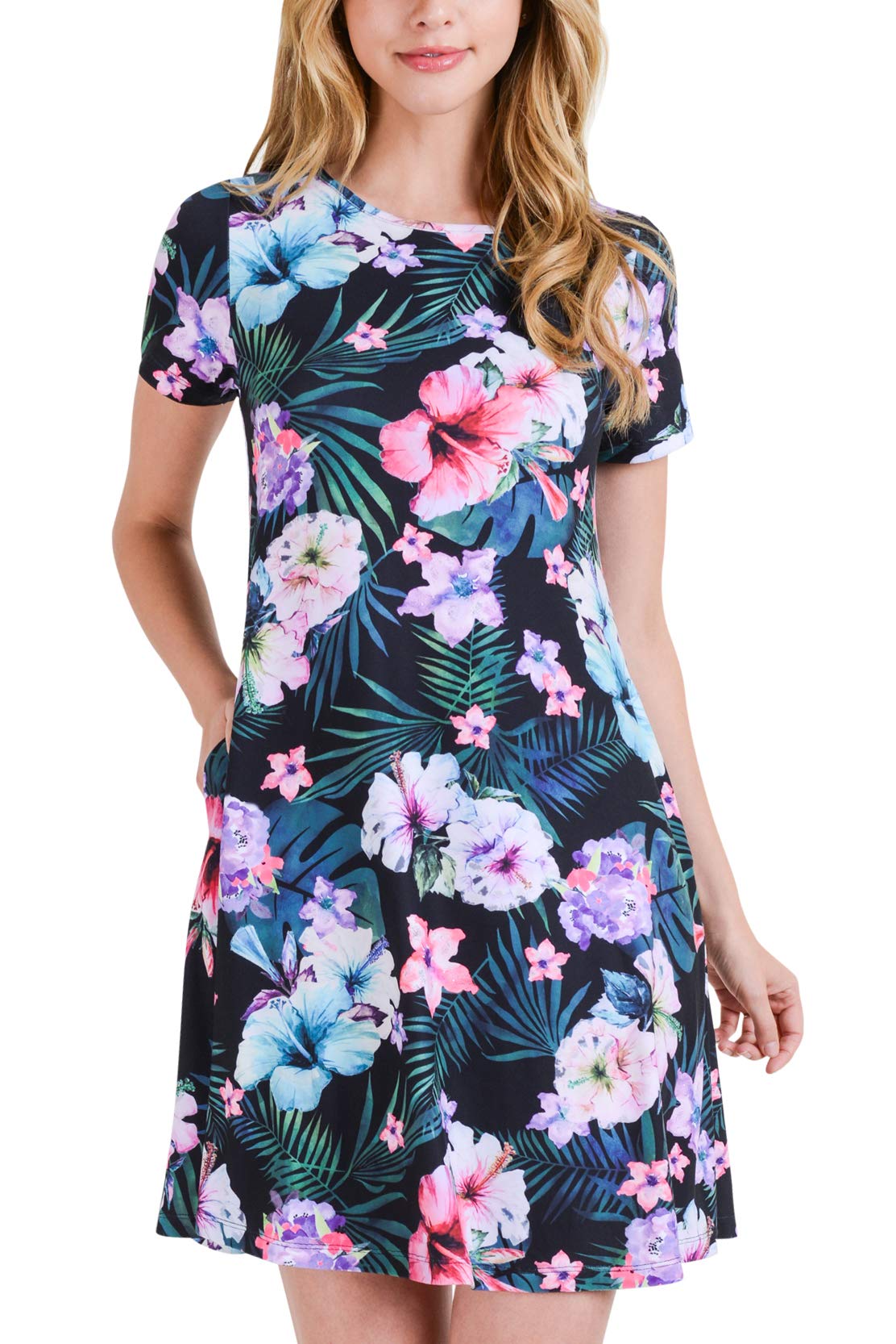 ICONOFLASH Women's Floral Print Casual Summer Dress with Pockets - Short Sleeve Comfortable A-Line Sundress for Beach, Vacation & Everyday Wear