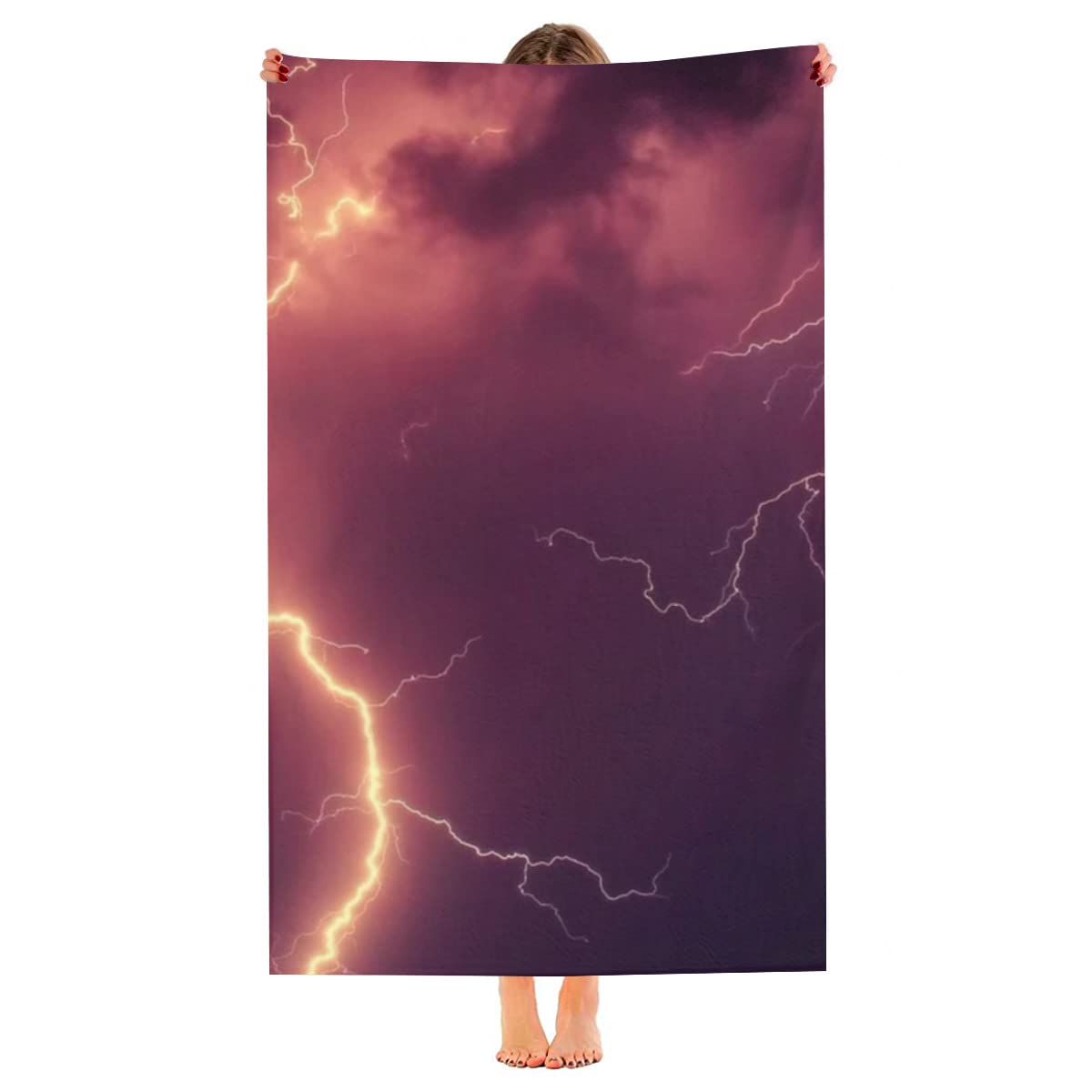 Golden Lightning in Purple Sky Microfiber Beach Towel - Quick Dry, Sand Proof & Super Absorbent for Travel, Pool, Swimming, Camping, Yoga, Gym | Perfect for Beach Days, Outdoor Adventures & Sports Activities