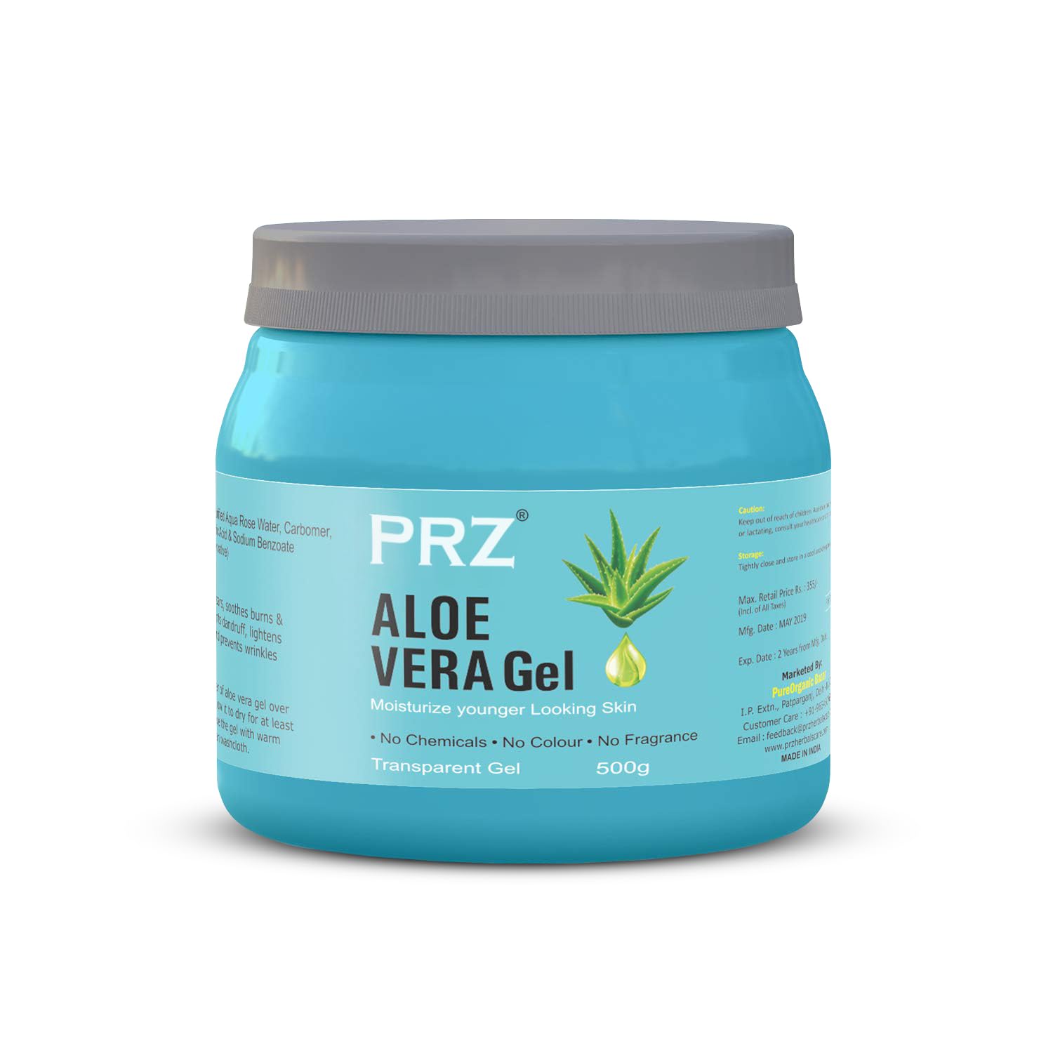 PRZ 100% Pure Natural Aloe Vera Gel (500g) - Hydrating Moisturizer for Face & Body, Hair Gel, Skin Treatment for Acne Scars & Glowing Skin | Perfect for Daily Skincare, Sunburn Relief & DIY Beauty Recipes