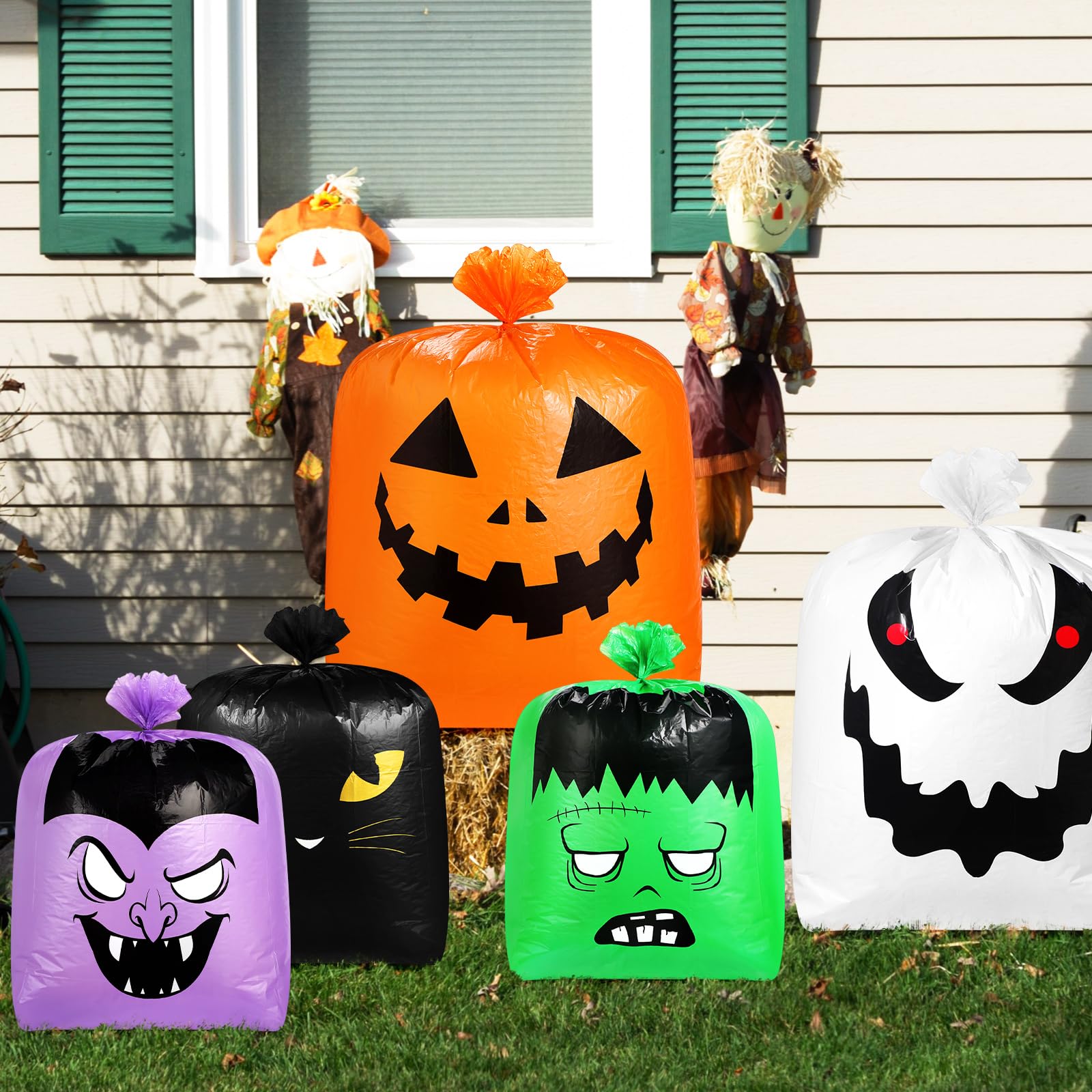 Qilery 6-Pack Halloween Pumpkin Leaf Bags - Reusable Plastic Lawn & Yard Waste Bags with Twist Ties | Fall Decor, Outdoor Party Favors & Halloween Goodie Bags for Garden, Trash Collection & Seasonal Decorations