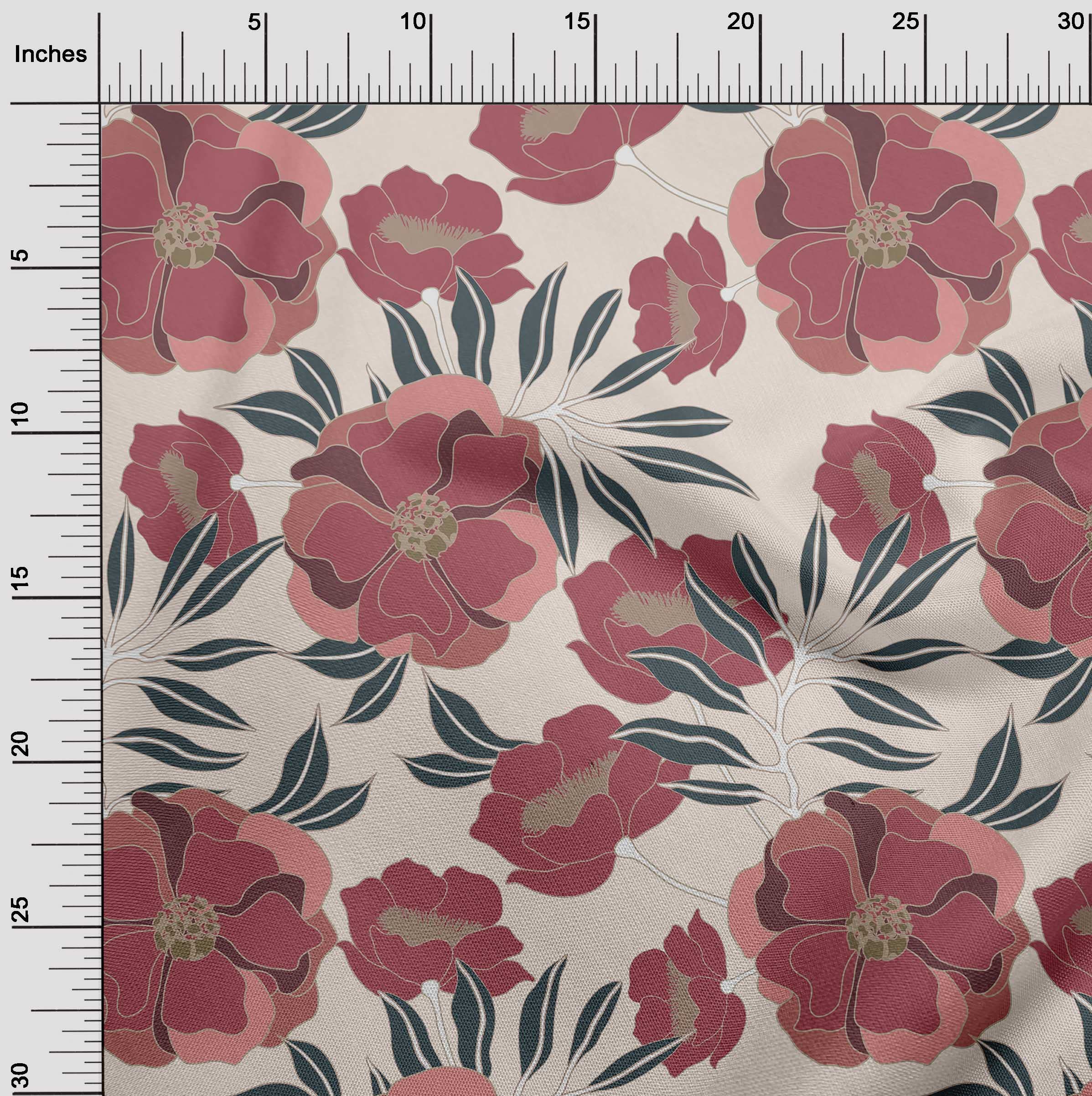 oneOone Cotton Cambric Red Floral Retro Fabric - 42 Inch Wide Printed DIY Sewing Material for Clothing, Dresses, Quilts & Home Decor | Premium Quality by The Yard