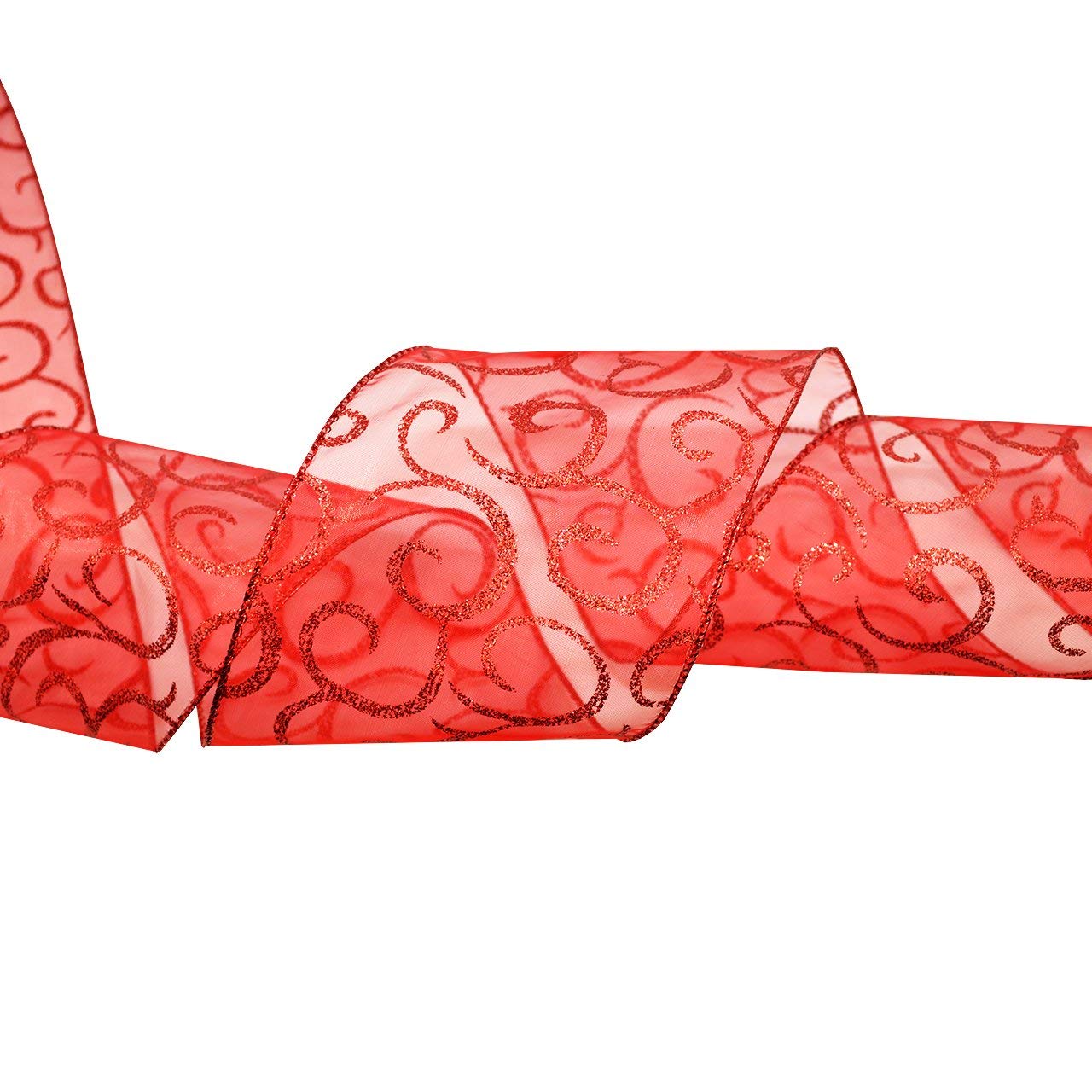 Morex 4-Inch x 25-Yard Wired Sheer Glitter Ribbon - Red Ribbon with Swirl Design for Gift Wrapping, Crafts, and Holiday Decorations