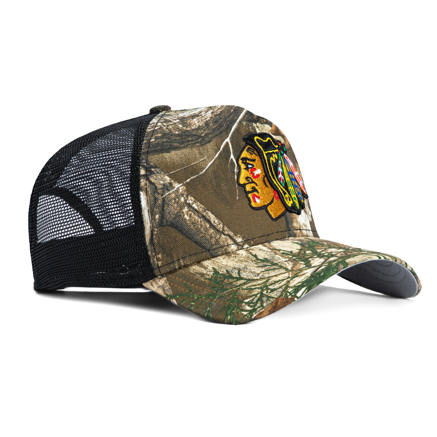 New Era 9Forty A-Frame Chicago Blackhawks Snapback Trucker Hat - Realtree Camo & Black - Adjustable Baseball Cap for Sports Fans, Outdoor Activities & Casual Wear