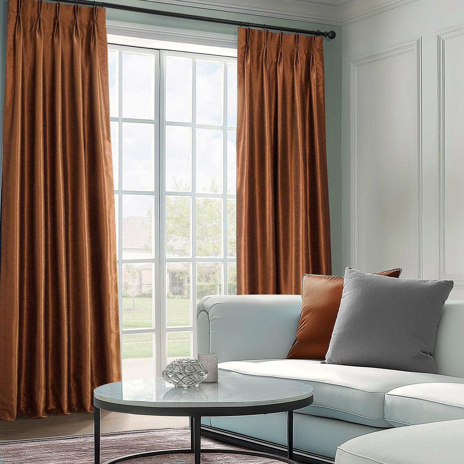 Vintage Copper Kettle French Pleat Blackout Curtains - Textured Faux Dupioni Silk Drapes for Living Room & Bedroom Window Treatments
