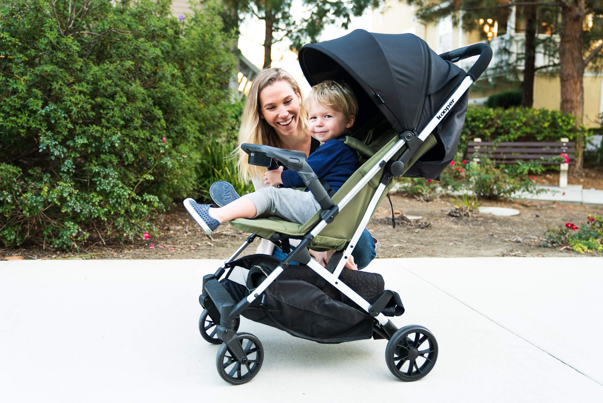 Joovy Kooper Lightweight Baby Stroller - Removable Swing-Open Tray, Big Wheels, Reclining Seat with Footrest, Extra-Large Canopy | Compact Fold for Travel & Daily Use | Perfect for Newborns to Toddlers (Olive Green)