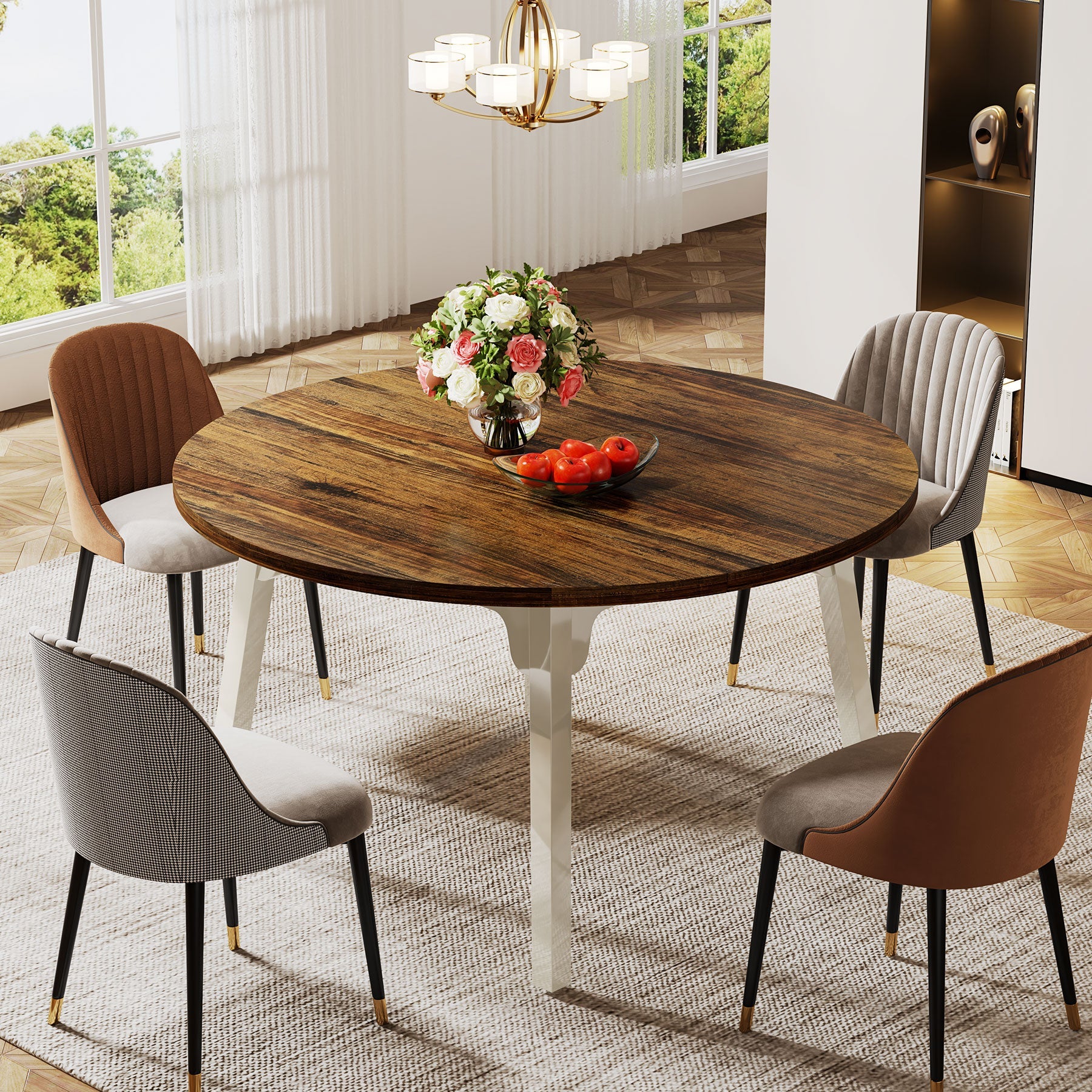 47 Inch Round Farmhouse Dining Table - Solid Wood Kitchen Table for 4-6 People | Perfect for Family Meals, Dinner Parties & Cozy Breakfasts