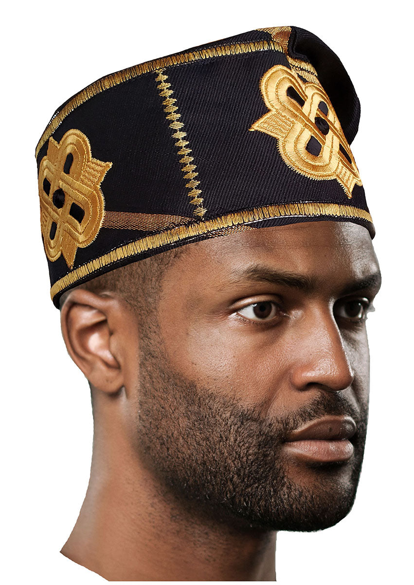 Black and Gold Embroidered African Handwoven Aso Oke Hat for Men & Women - Traditional Yoruba Headwear for Weddings, Parties & Cultural Events