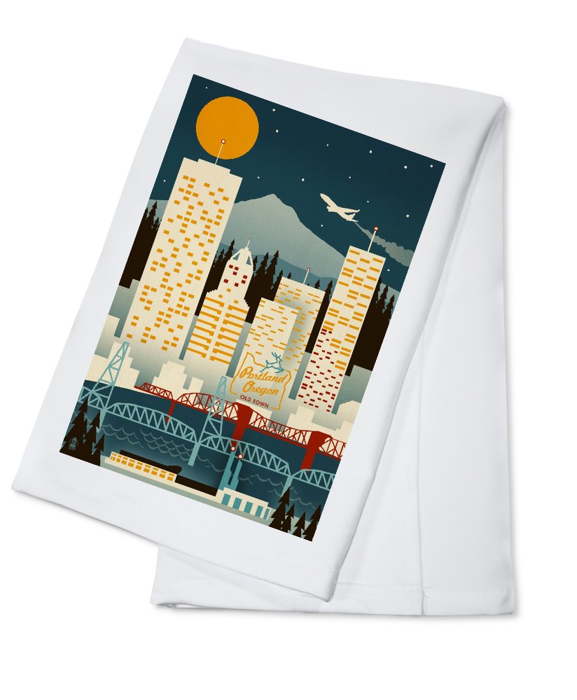 Lantern Press Portland Oregon Retro Skyline Cotton Tea Towel - 100% Cotton Decorative Hand Towel for Kitchen & Home Decor - Perfect for Dish Drying, Gift Giving & Vintage Style Home Accents