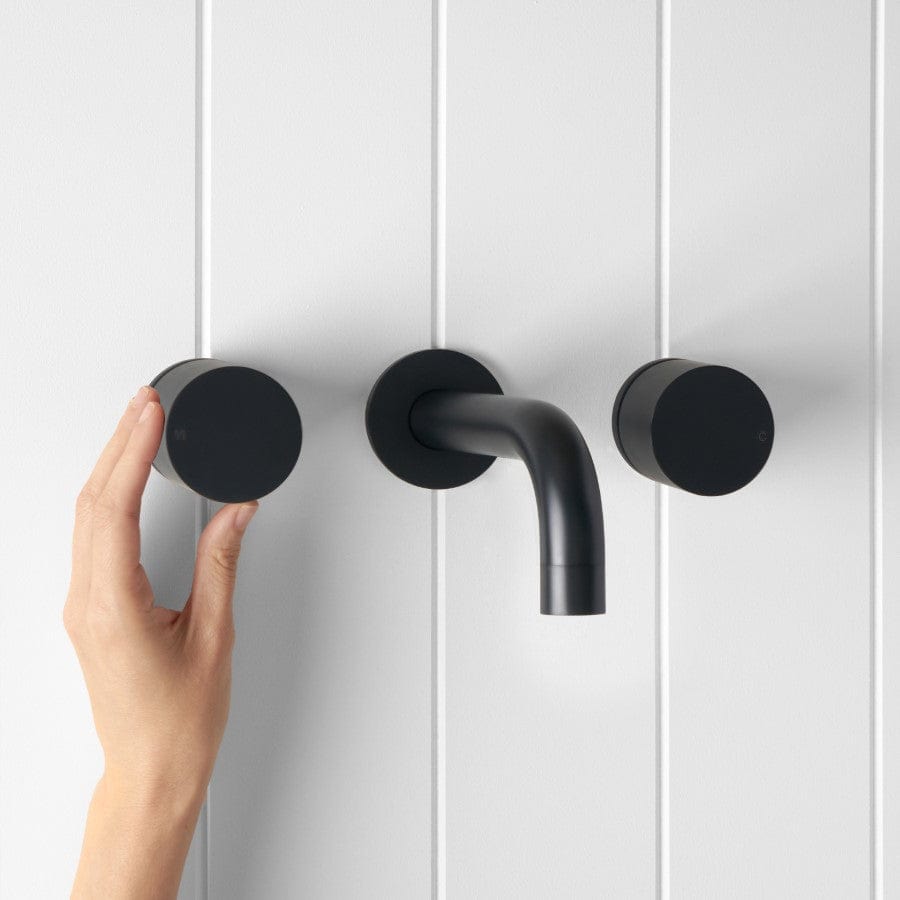 Matte Black Wall Spout with Round Wall Taps - Modern Bathroom Faucet for Sink and Vanity - Perfect for Home, Hotel, and Commercial Use