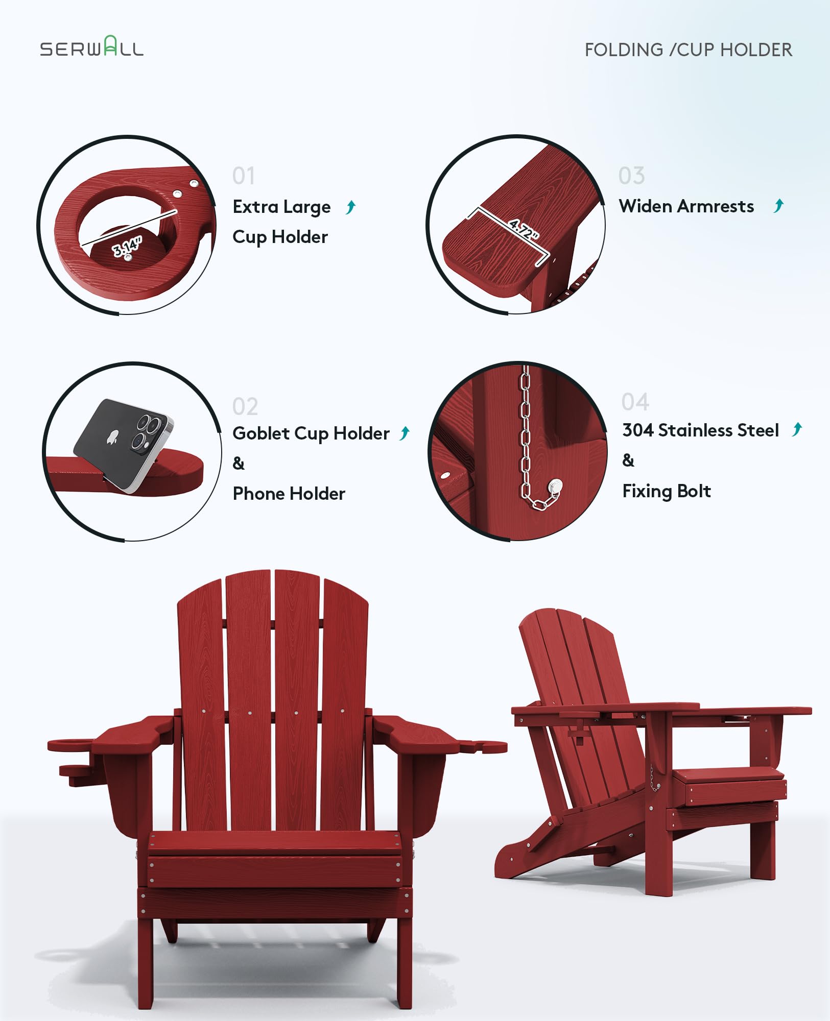Premium SERWALL Adirondack Chair with Cup Holders - Durable HDPE Composite Outdoor Patio Furniture - All-Weather Resistant (Red) - Perfect for Backyard, Poolside & Garden Relaxation