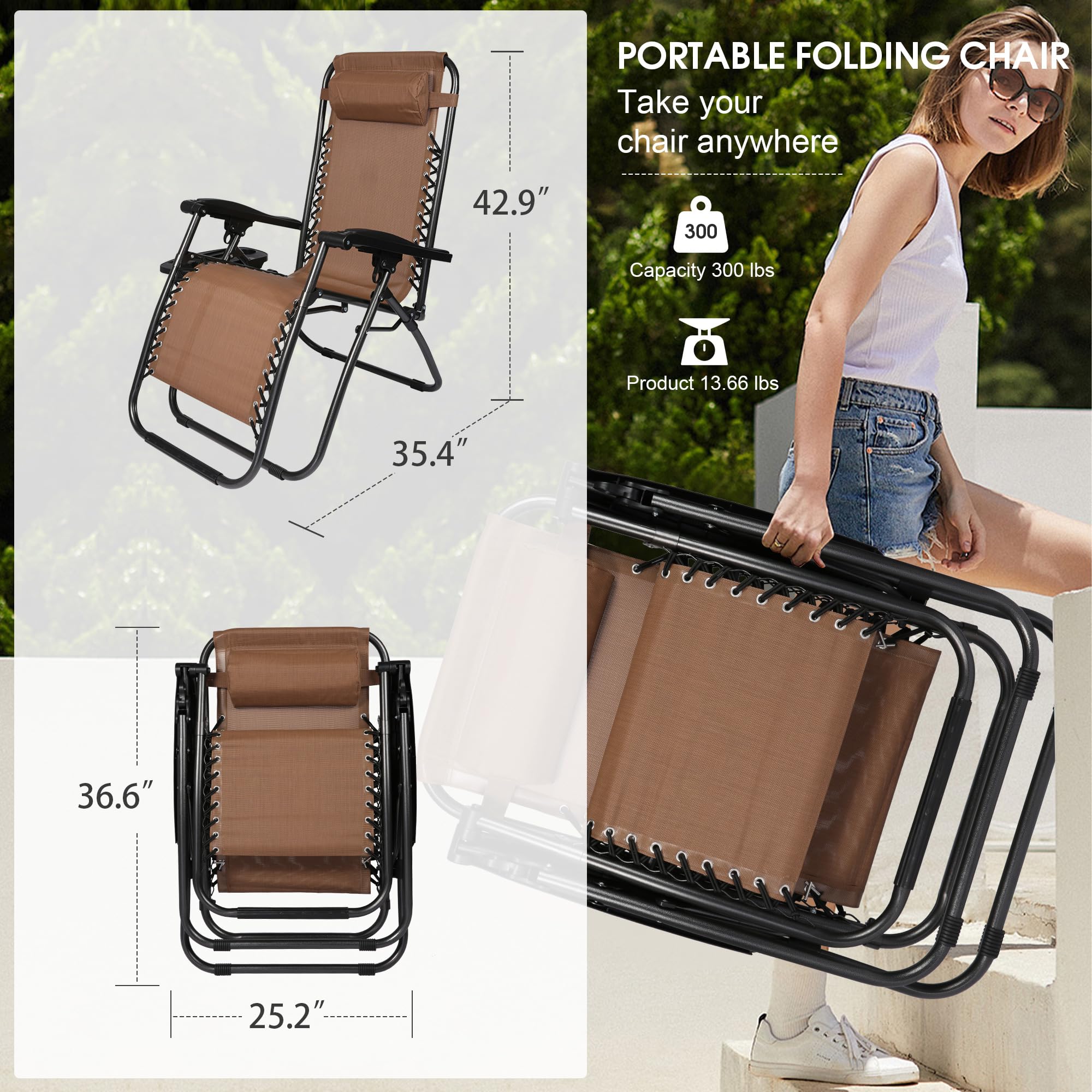 LUCKYERMORE Adjustable Textilene Zero Gravity Chairs Set of 2 - 300LB Capacity Outdoor Folding Recliners with Pillow, Portable Patio Lounge Chairs for Poolside, Beach, Backyard & Garden Relaxation (Brown) - Perfect for Sunbathing, Reading and Outdoor Napping