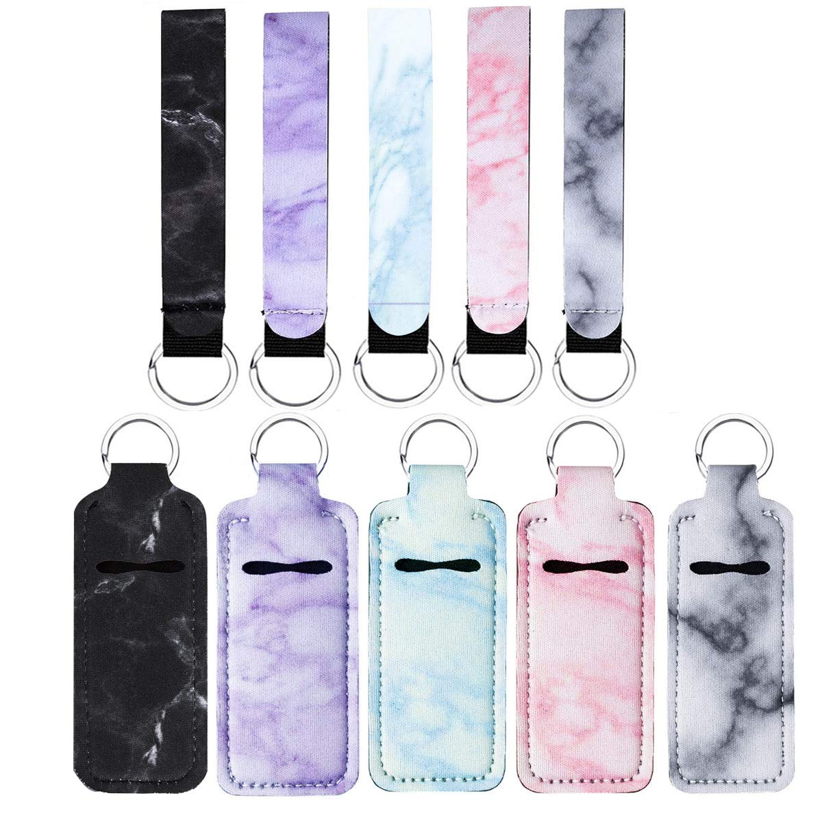 LemonSac 5 Pack Marble Chapstick Holder Keychain - Lip Balm Holder with Wrist Strap for Women, Perfect for Purse, Backpack & Travel Accessories