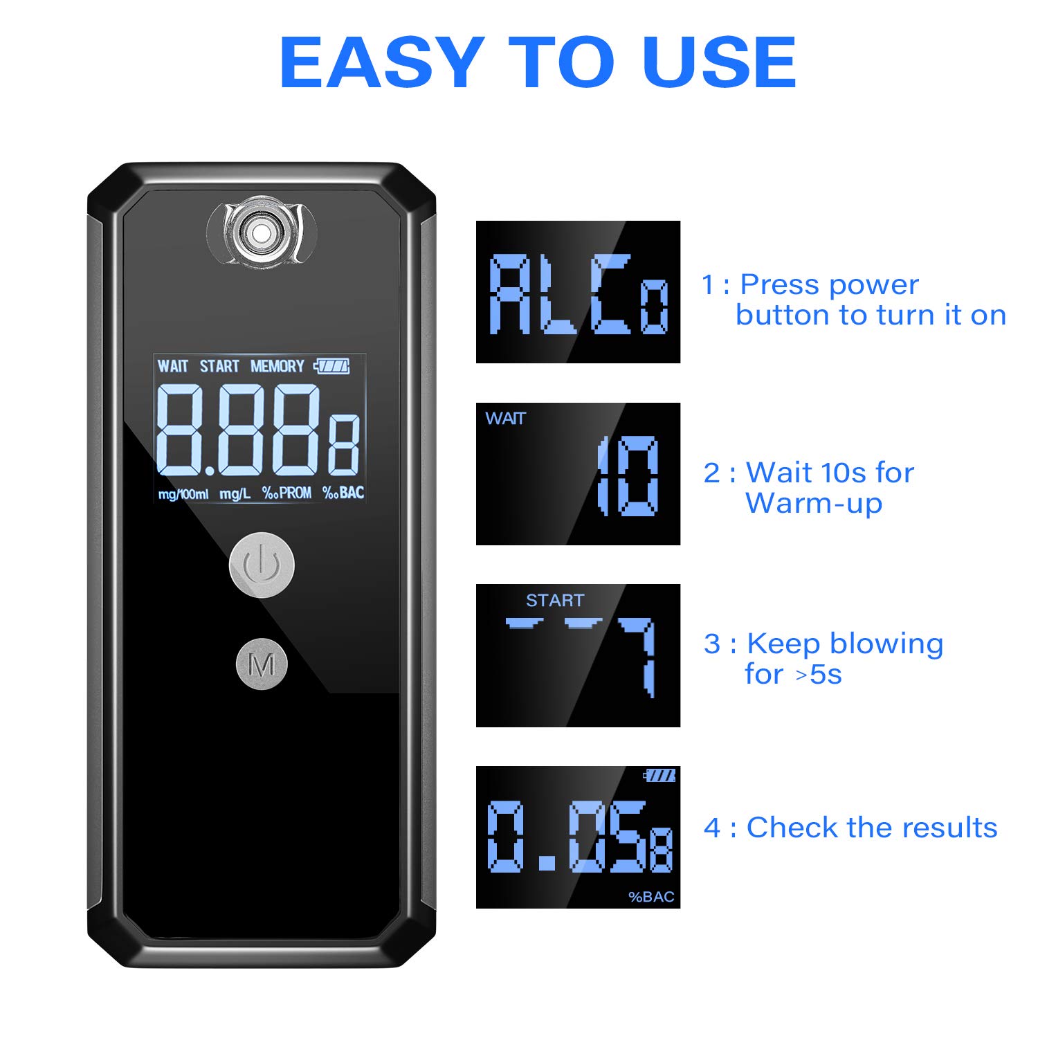 Professional Fuel Cell Sensor Breathalyzer - High Accuracy USB Rechargeable Alcohol Tester for Police & Personal Use | Includes 10 Mouthpieces | Perfect for Law Enforcement, Workplace Testing & Home Safety