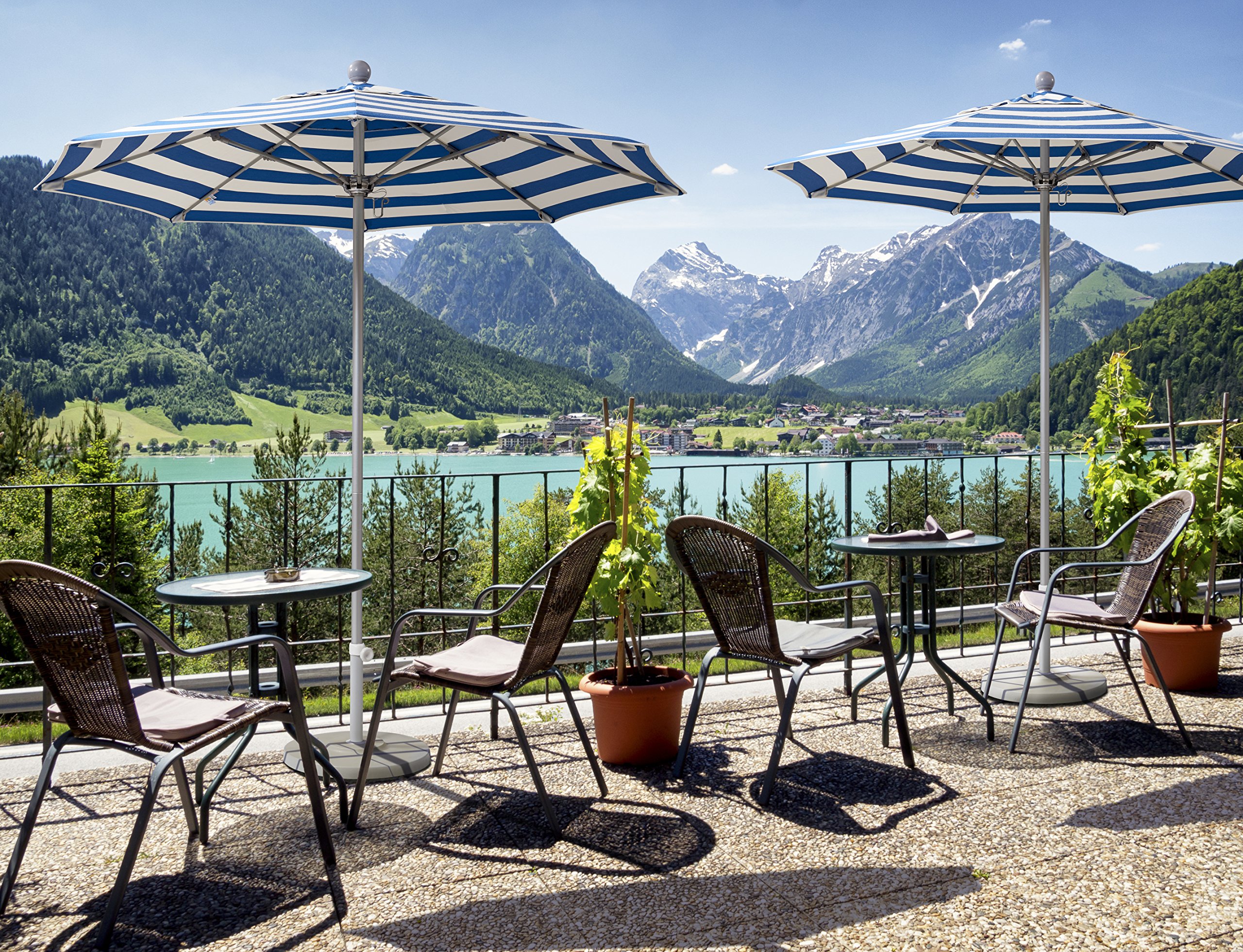 9' Round California Umbrella with Aluminum/Fiberglass Frame & Olefin Fabric - Push Open Design, Silver Pole for Patio, Poolside, and Outdoor Dining Areas
