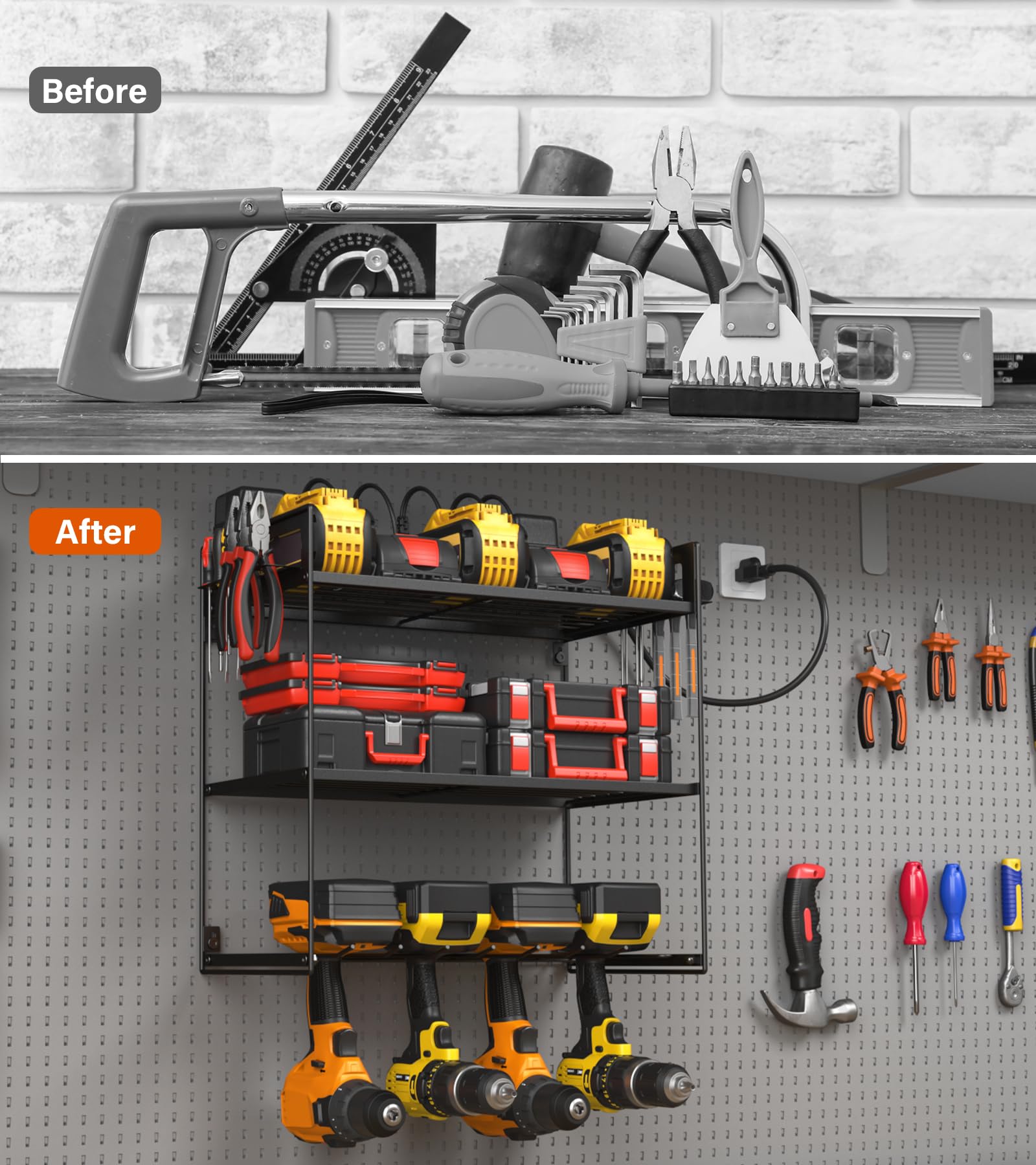 JUNNUJ 3-Layer Wall Mount Power Tool Organizer with 10-Outlet Power Strip & Charging Station - Heavy Duty Drill Holder for 4 Drills - Black Garage Storage Shelf for Workshop & Home Utility Rack - Perfect for DIY Projects, Professional Workspaces & Home Improvement