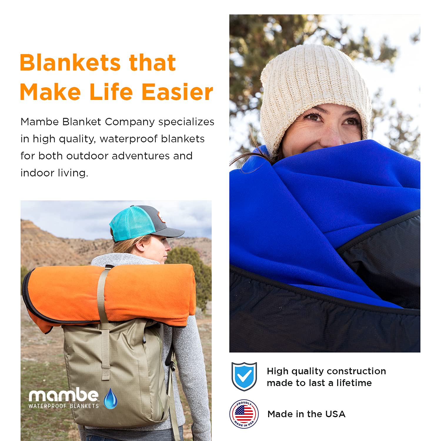 Mambe Extreme Weather Outdoor Blanket - Large Black 100% Waterproof Windproof Fleece & Nylon Throw - Machine Washable for Camping, Hiking, Picnics, Beach & Emergency Survival Gear