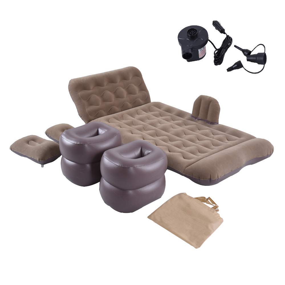 Inflatable Car Air Mattress for Back Seat - Portable Travel Bed with Built-in Pump | Camping, Road Trips & Home Sleeping Pad (Brown)