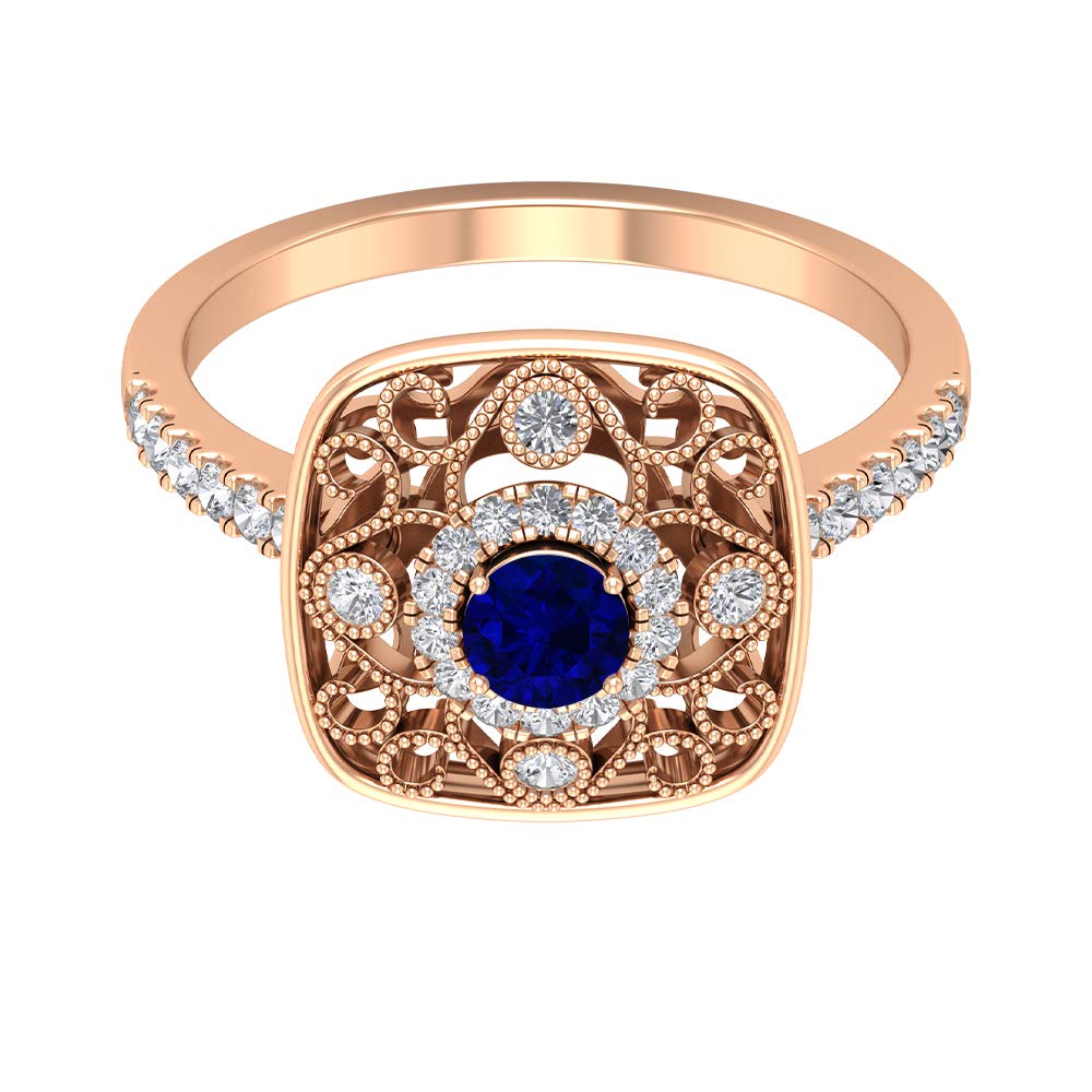 1 CT Blue Sapphire and Diamond Milgrain Ring - Vintage Style 14K Solid Gold Engagement Ring with Diamond Accent - Perfect for Weddings, Anniversaries & Special Occasions
