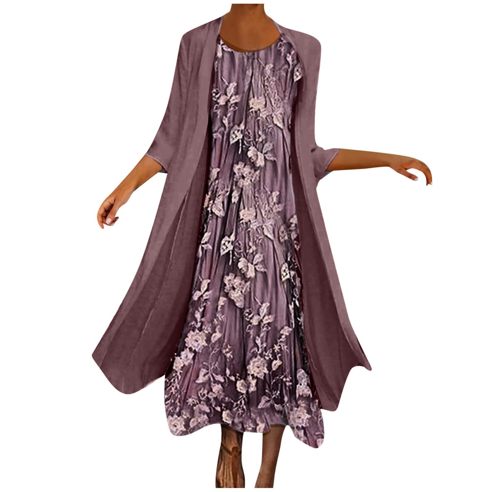 Women's Floral Print Chiffon Two-Piece Summer Dress Set - Flowy Sleeveless Crewneck Plus Size Outfit for Wedding Guest, Beach Vacation & Casual Wear