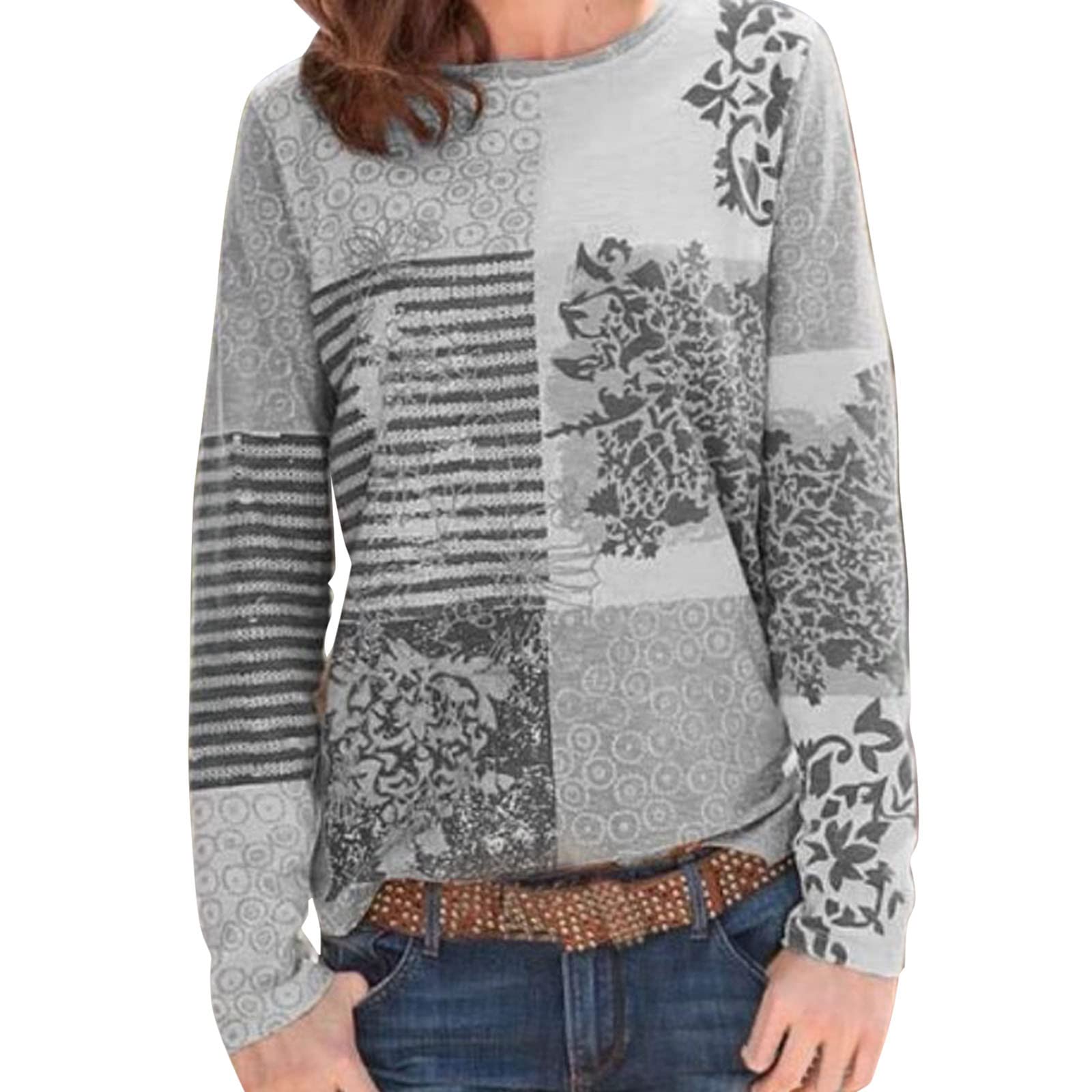 Women's Long Sleeve Casual T-Shirt - Printed Round Neck Blouse for Everyday Wear | Office, Date Night & Fall Outfits