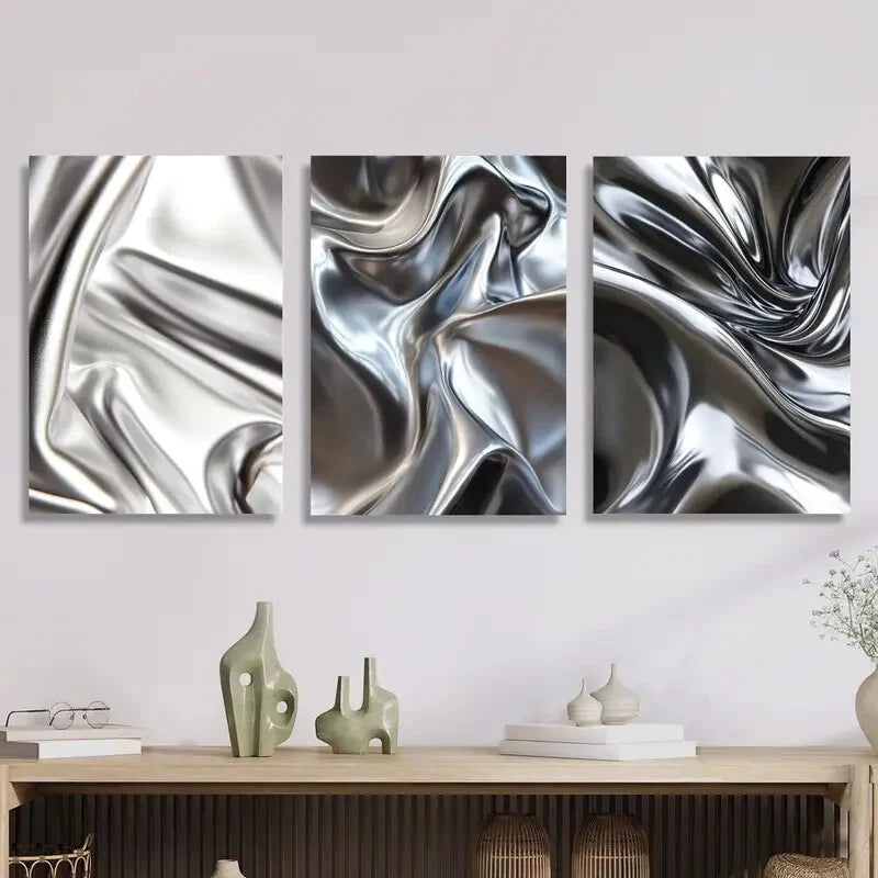 3-Piece Silver Glossy Liquid Metal Style Wall Art - Ready to Hang Modern Home Decor for Living Room, Bedroom & Office