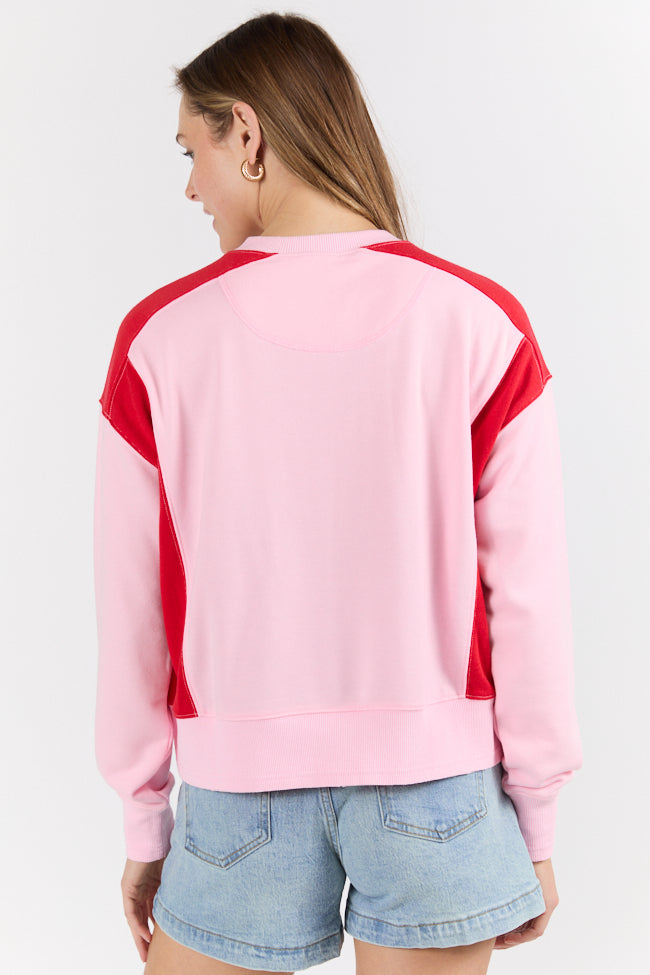 Pink and Red Contrast Trim Crew Neck Sweatshirt for Women | Soft Cotton Pullover | Casual Streetwear & Loungewear | Perfect for Everyday Wear, Outings, and Relaxing at Home
