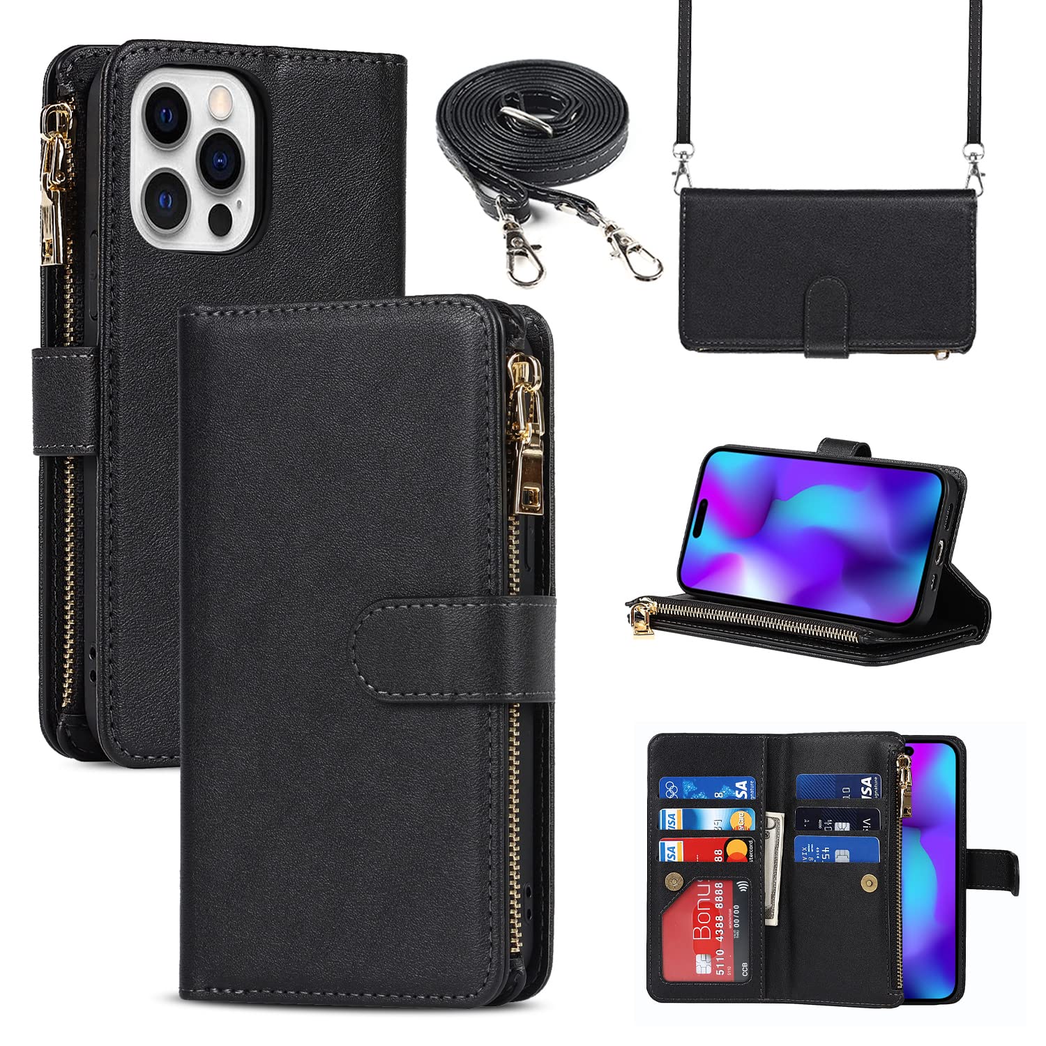 Premium Leather Magnetic Wallet Case for iPhone 14 Pro Max - Shockproof Protective Cover with Crossbody Strap & Stand (Black) | Perfect for Travel, Work & Everyday Use