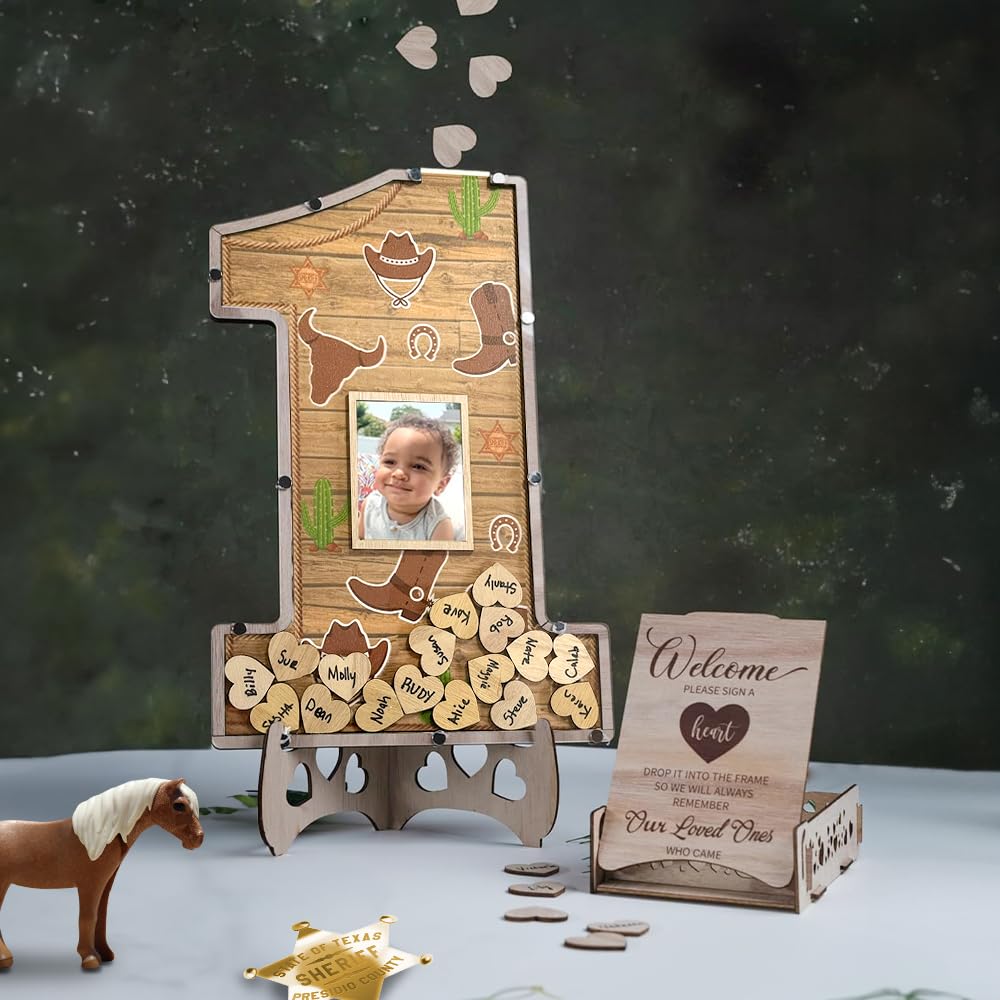 My First Rodeo Birthday Guest Book & Photo Frame Keepsake - Cowboy Cowgirl 1st Birthday Decor for Boys & Girls - Western Theme Party Sign-In Game Centerpiece (Perfect for Wild West Themed Birthday Parties & Baby Showers)