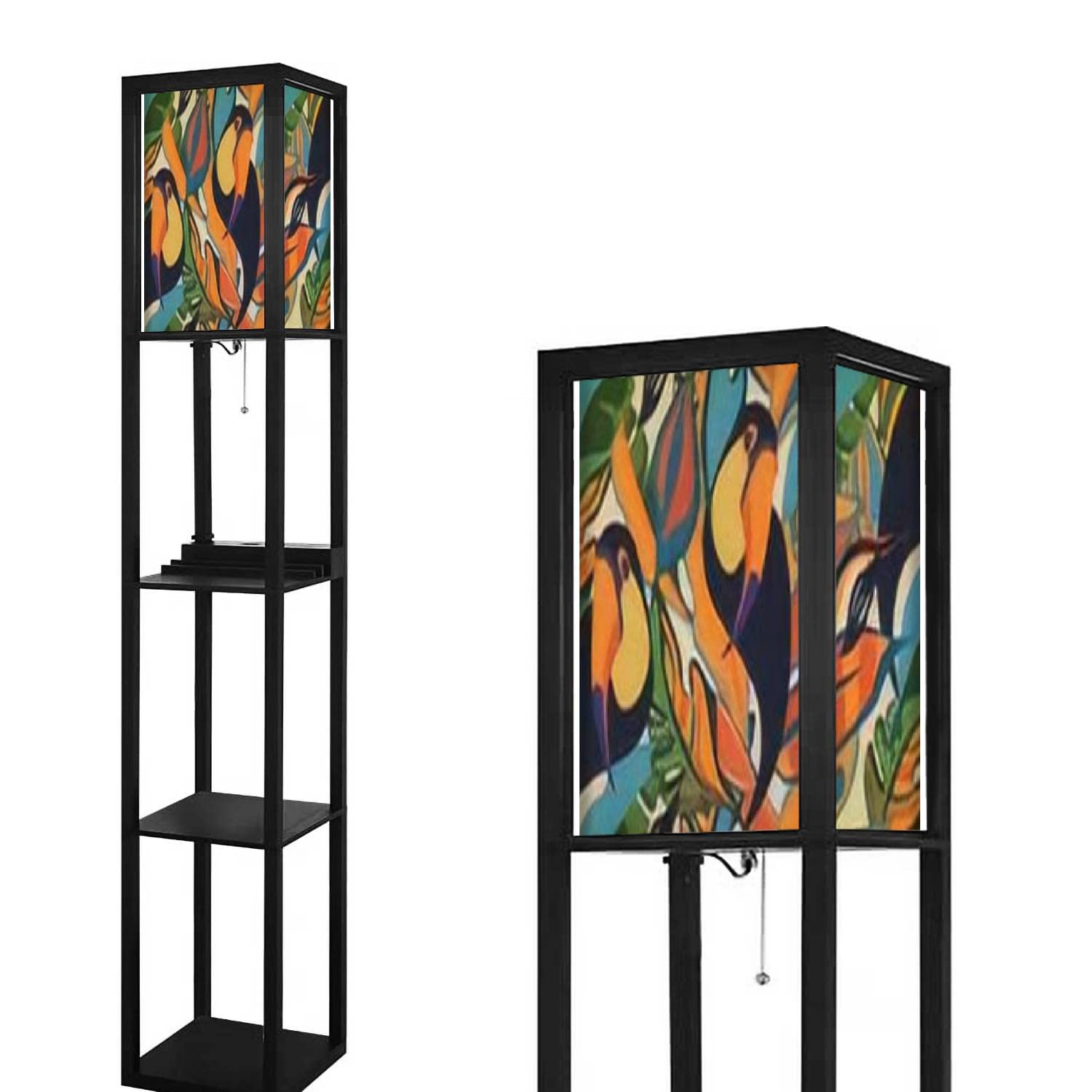 Trendy Tropical Toucan Floor Lamp with Shelves, USB Ports & Power Outlet - Modern Standing Lamp with Linen Shade for Living Room & Bedroom - Perfect for Reading Nook, Home Office or Cozy Corner Decor