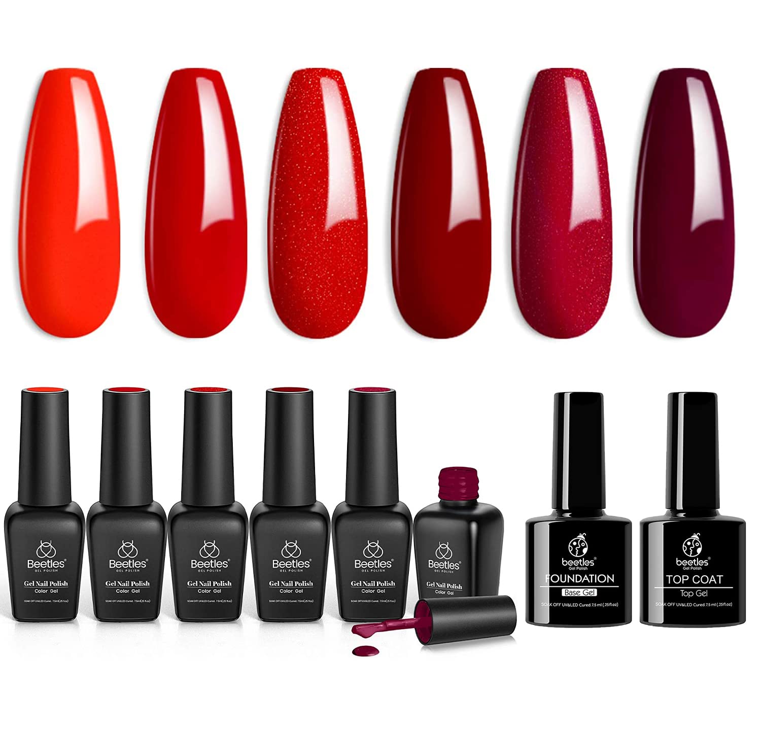 Beetles Red Gel Nail Polish Set - 6 Colors Burgundy Red Shimmer Gel Polish Kit with Base & Top Coat (No Wipe, 7.5ml) | Long-Lasting Manicure for Parties, Weddings & Special Occasions