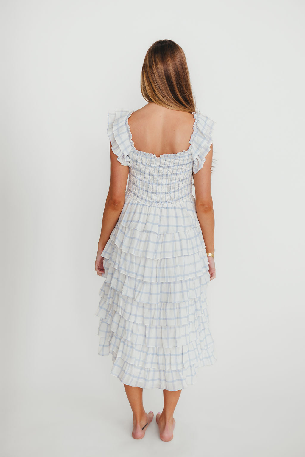 Adelynn Women's Elegant Ruffle Midi Dress - White & Blue Floral Summer Dress for Casual Wear, Date Night & Special Occasions