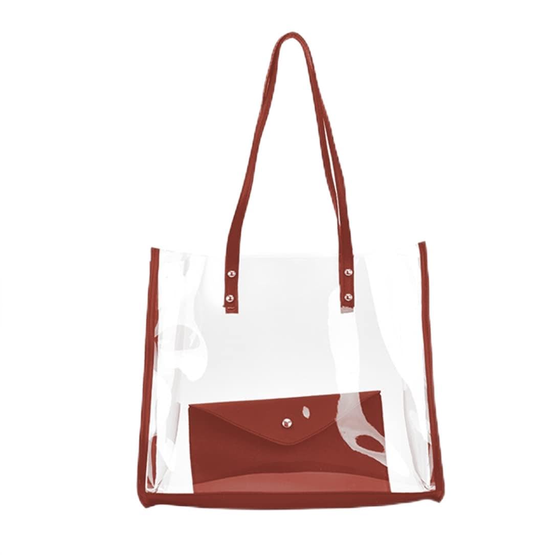 Stadium Approved Clear PVC Tote Bag for Women - Waterproof Beach & Concert Purse with Pockets (Red) | Perfect for Sports Events, Beach Trips & Music Festivals