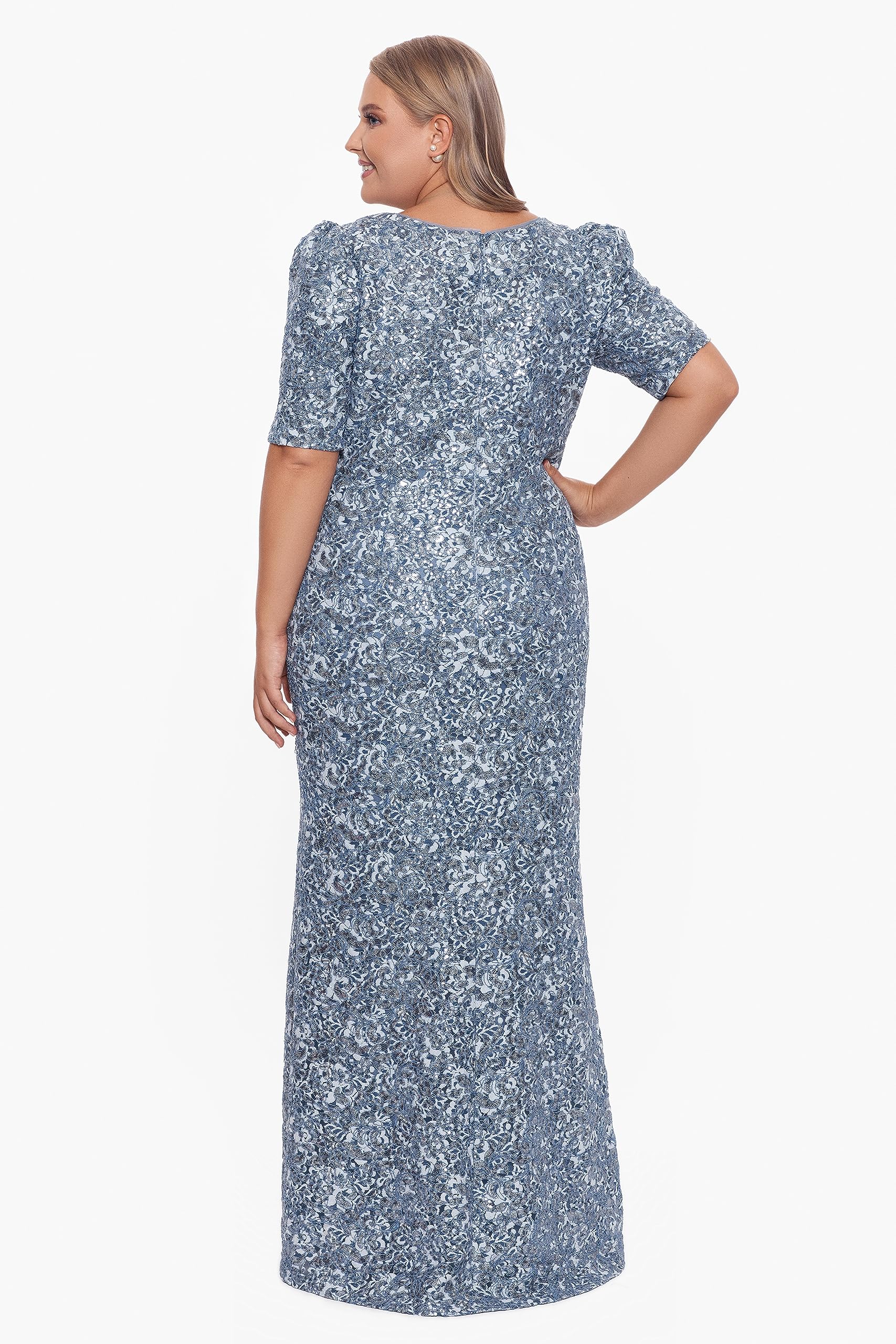 Xscape Women's Plus Size Long Floral Lace Sequin Side Ruched Dress - Elegant Evening Gown for Prom, Wedding Guest & Special Occasions