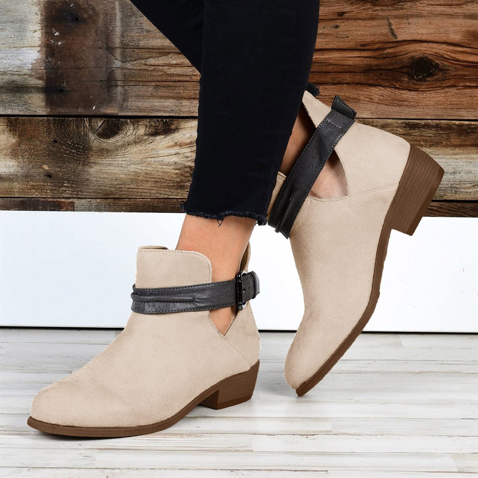 **Women's Retro Buckle Round Strap Short Toe Booties Heels - Non-Slip Ankle Boots for Casual Outfits & Office Wear**