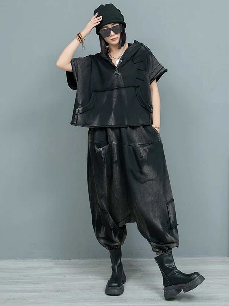 Big Size Women's Sweatshirt & Cross Pants Two-Piece Set - Hooded Short Sleeve Fashion Outfit for Spring/Autumn 2025 (Style 1DH9474) | Casual Streetwear, Lounge Wear & Trendy Outfit for Daily Wear