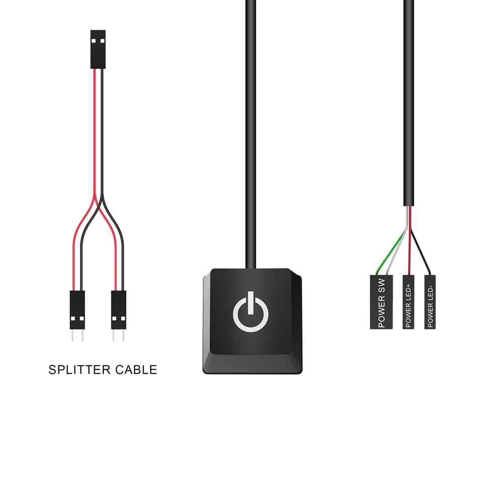 Qwertfeet Desktop Computer Power Switch Cord - 400Cm Portable On/Off Button with Blue LED Light for PC, Gaming Setup & Office Workstation