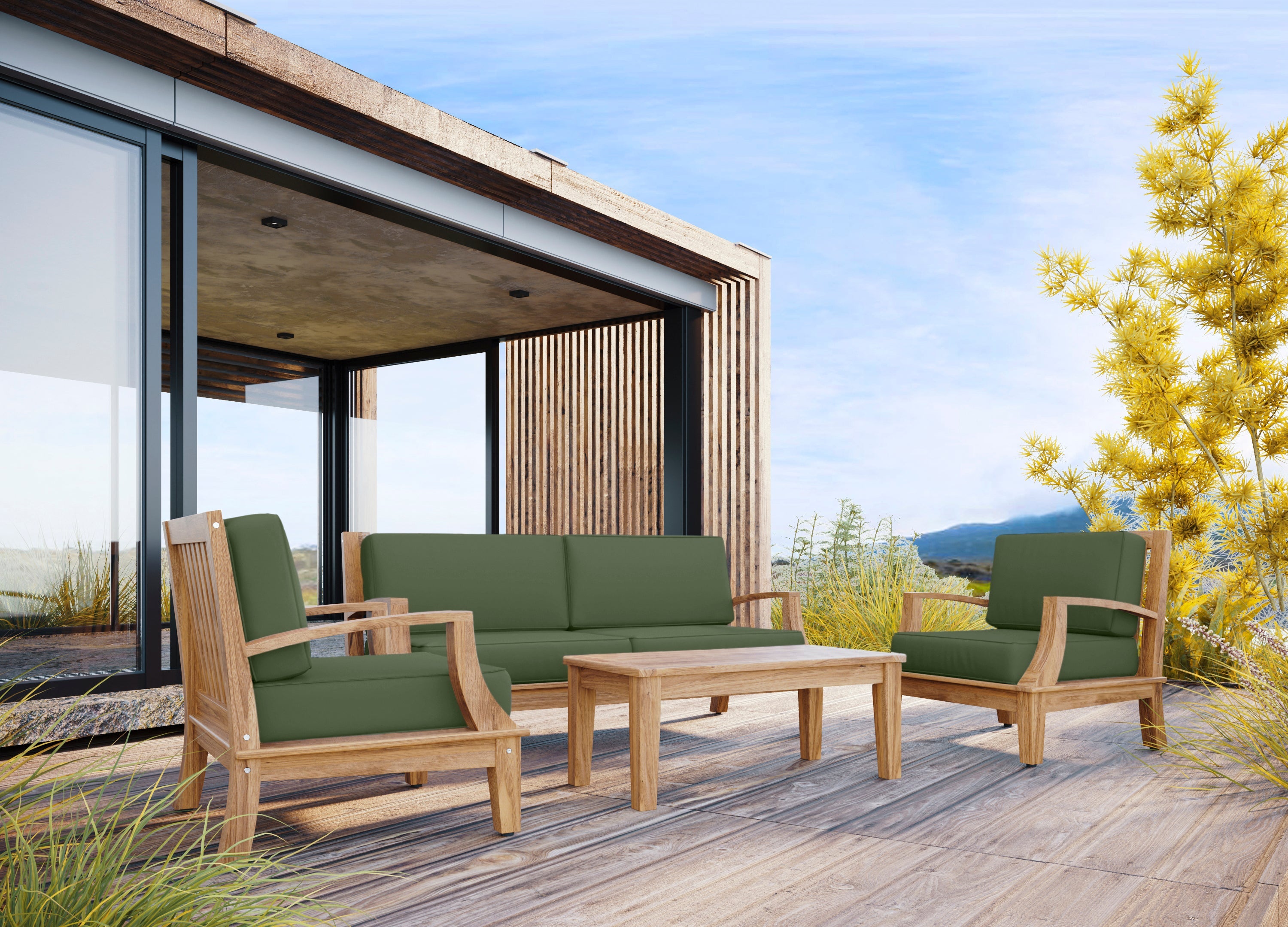 Eliane 3-Person Teak Outdoor Sofa Set with Weather-Resistant Sunbrella Fern Green Cushions - Perfect for Patio, Garden, Poolside & Backyard Relaxation