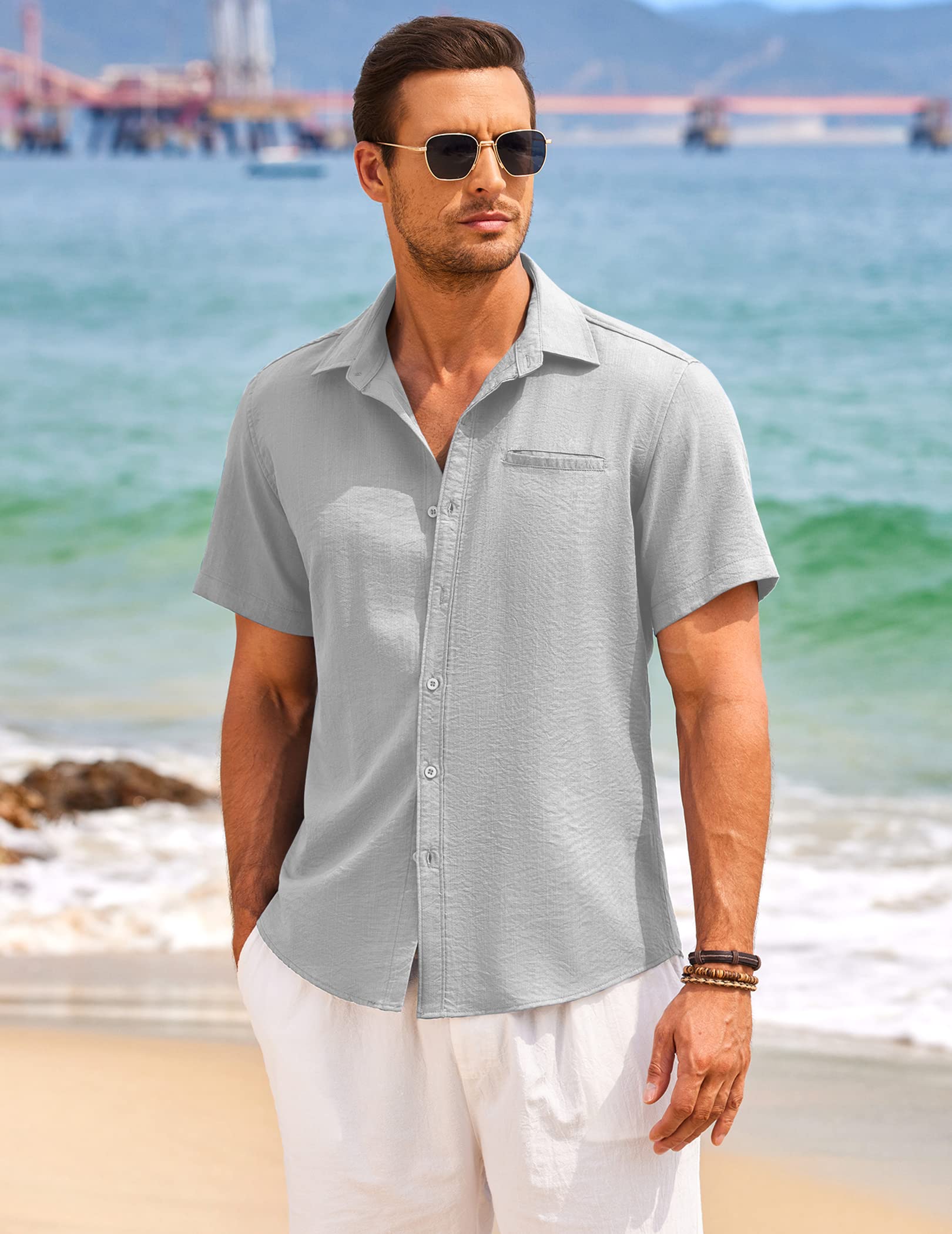 COOFANDY Men's Casual Linen Short Sleeve Button Down Shirt | Breathable Summer Hawaiian Shirt for Beach Vacation & Outdoor Activities