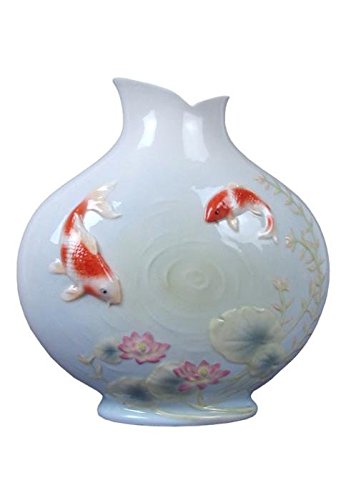8.5 Inch Hand-Painted Porcelain Vase - Blue Koi Fish & Lotus Pond Design - Elegant Home Decor for Living Room, Office, or Wedding Centerpiece